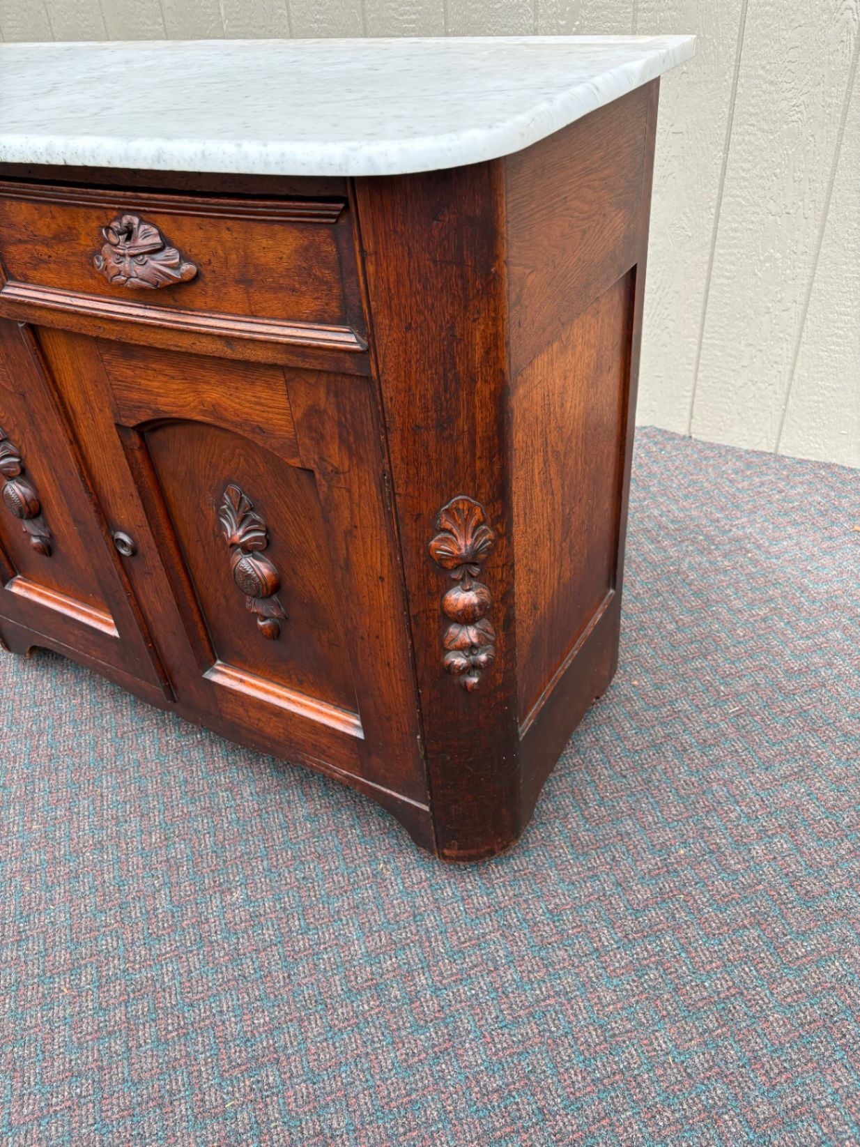 67622 Victorian Marble Top Buffet with Mirror and Ornate Carvings