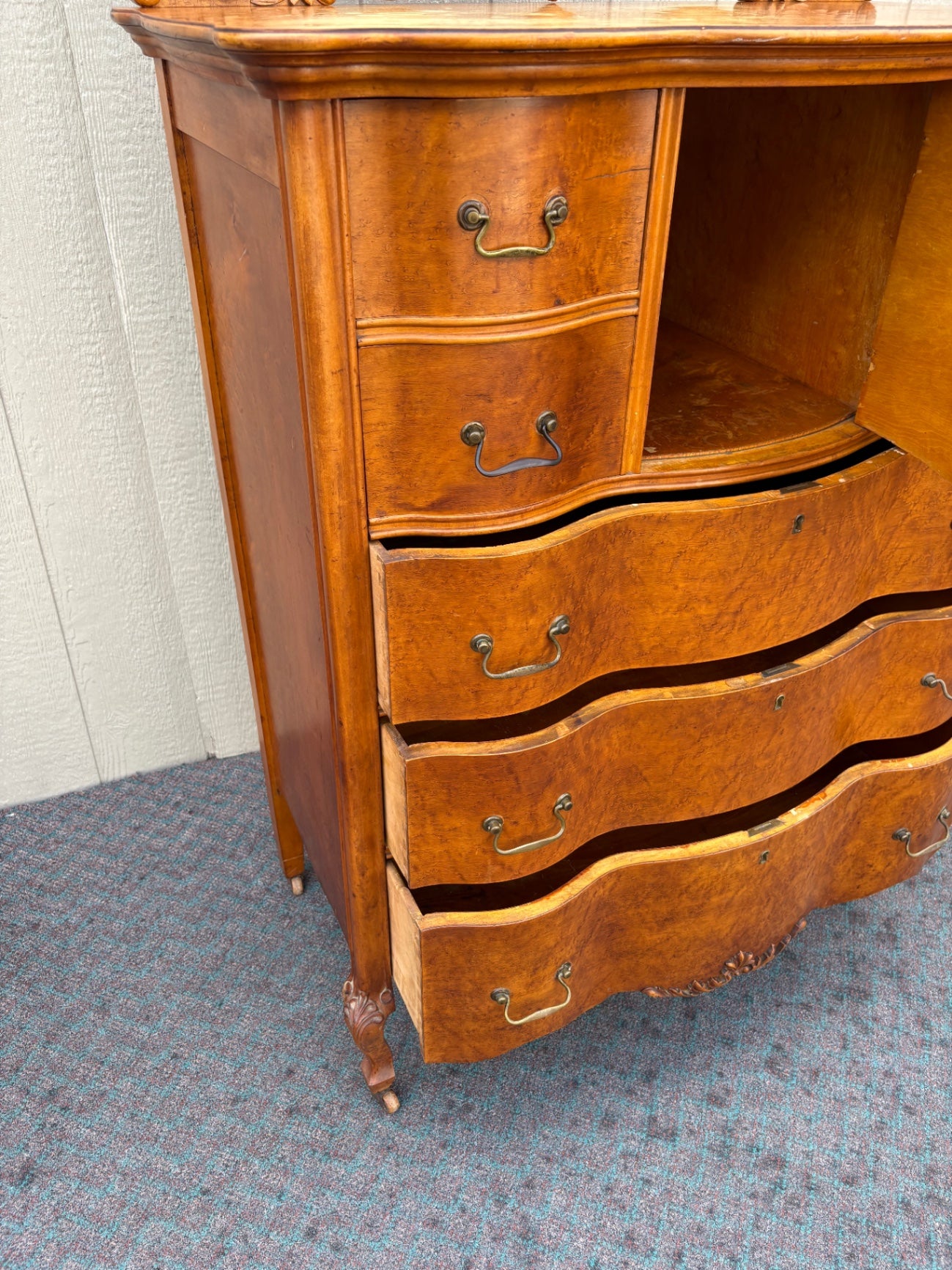 67995 Antique Highboy Dresser with Mirror, 1920s, Burl Wood