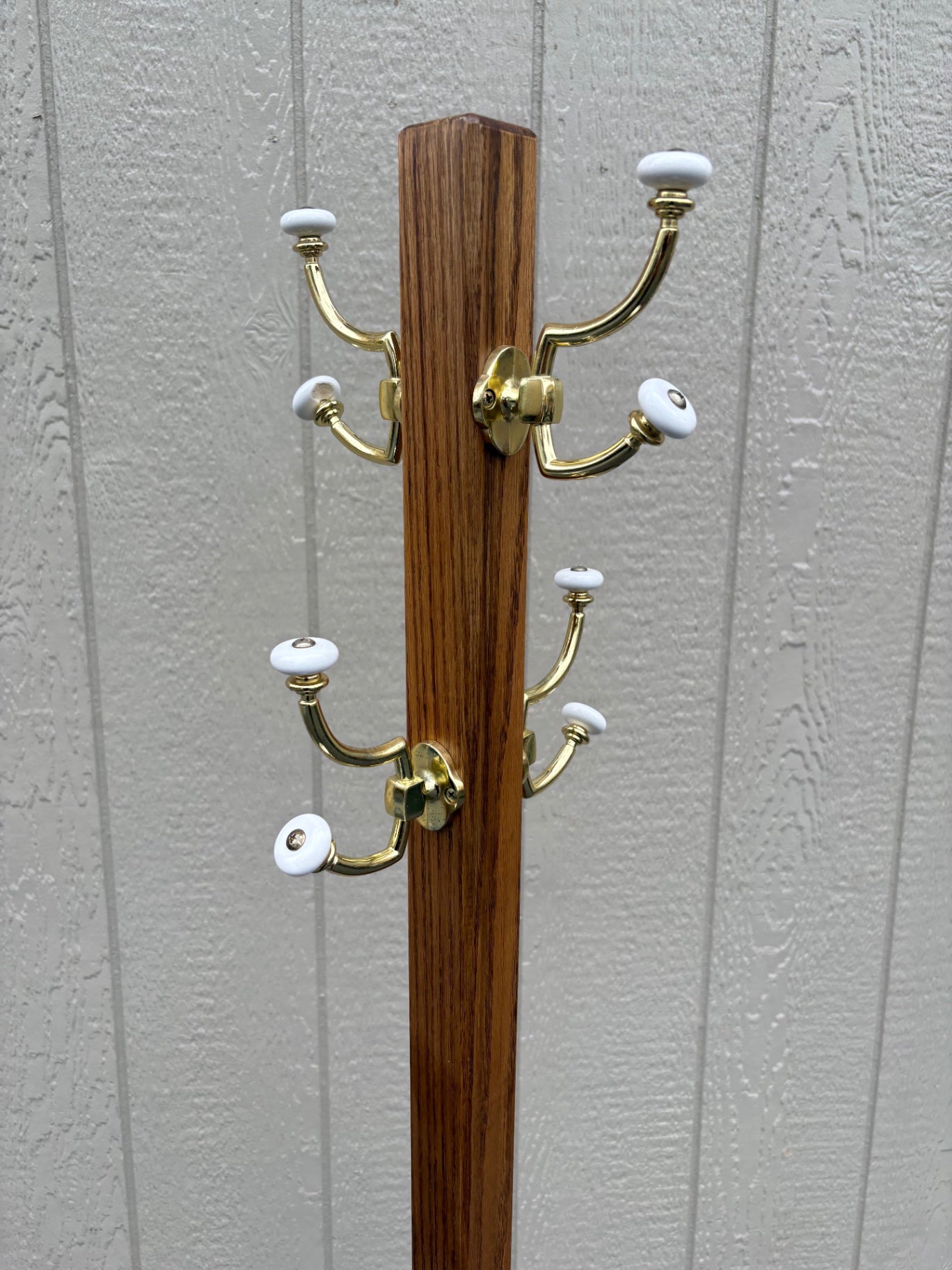 68113  Vintage Oak Coat Tree with Brass Hooks and Ceramic Accents