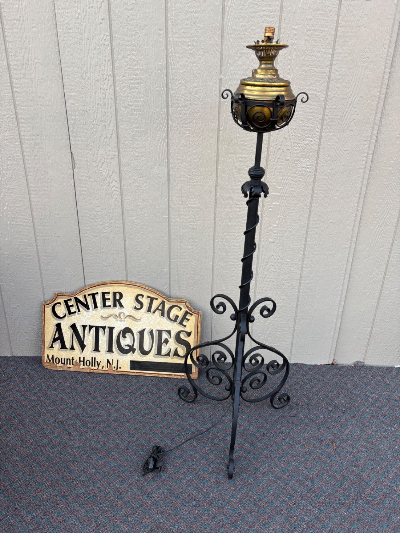 67400  Antique Victorian Wrought Iron Floor Lamp with Brass Font