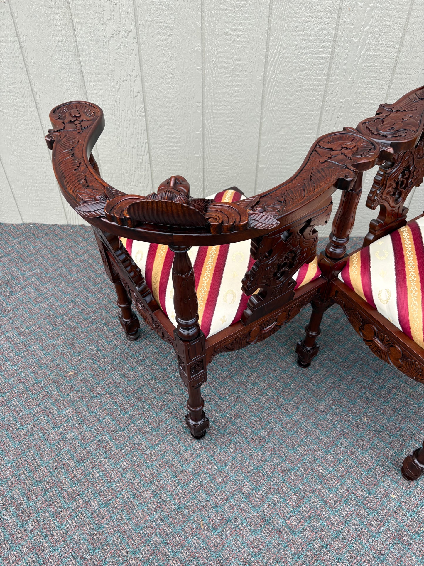 67730 Victorian Tête-à-Tête Loveseat, Carved Mahogany, Striped Upholstery
