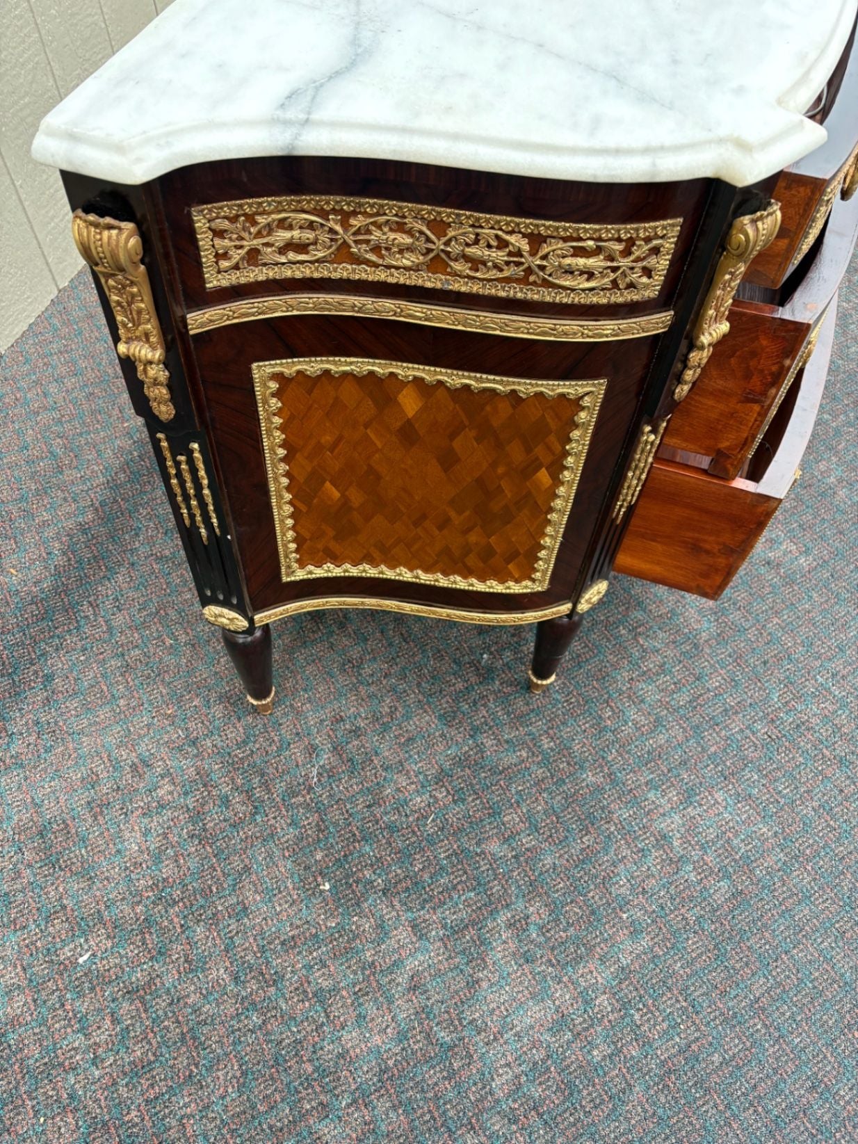 67335 Louis XV Style Marble Top Chest with Intricate Inlay and Gilt Detailing