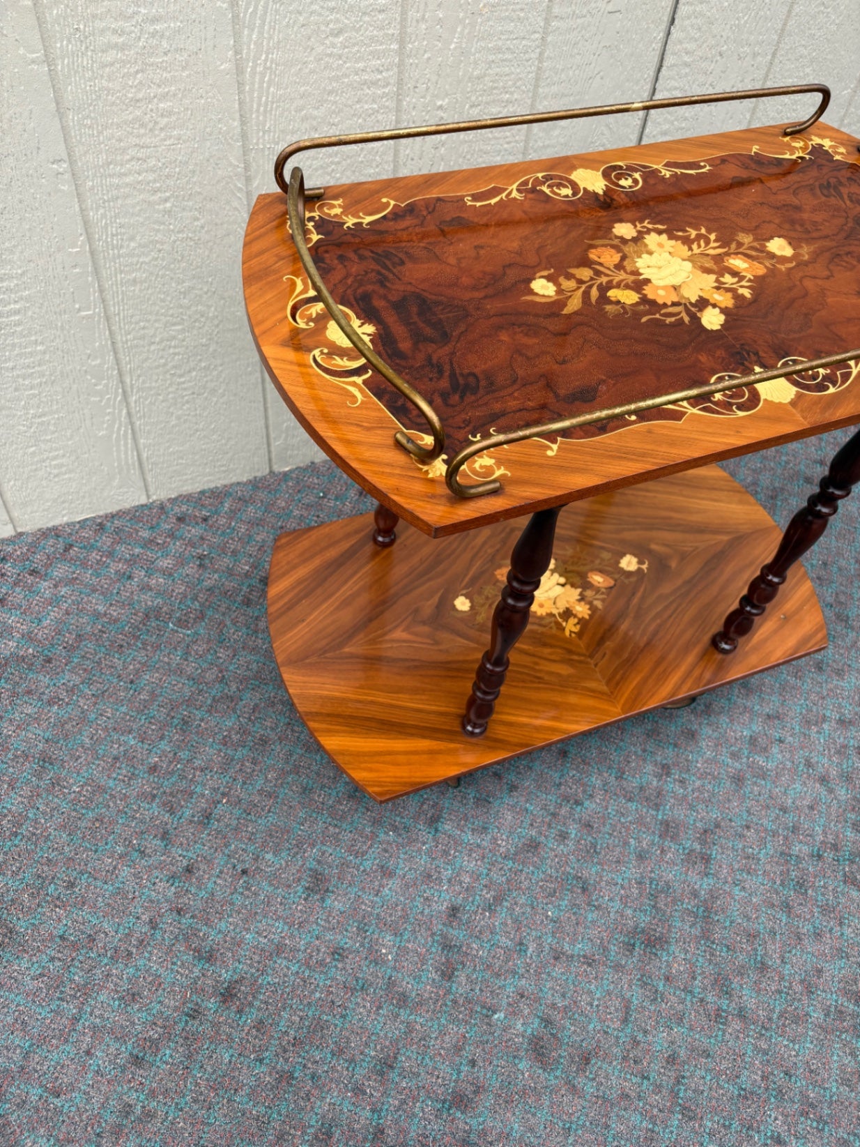 Italian Inlaid Wood Bar Cart with Floral Marquetry and Brass Accents