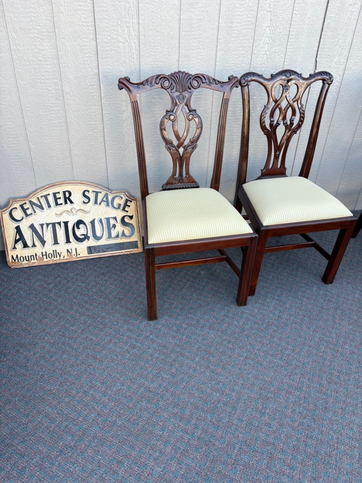 67641 Pair of Chippendale Style Mahogany Side Chairs with Upholstered Seats