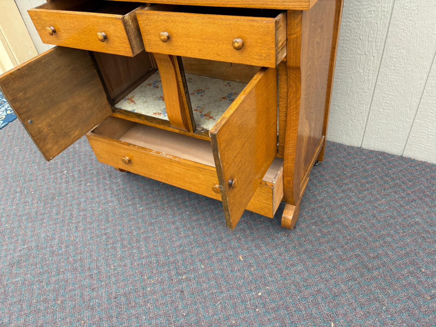 67790 Antique Oak Buffet with Mirror and Storage, Early 20th Century
