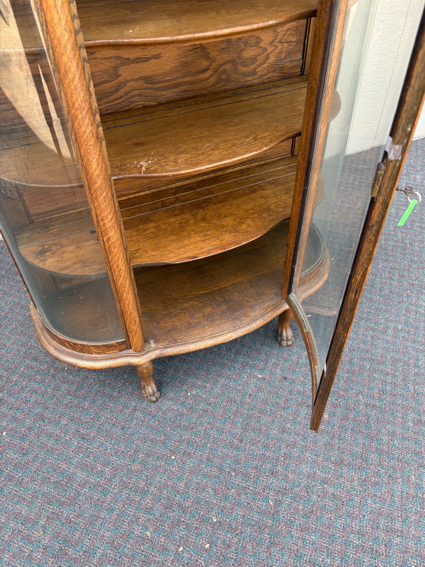 67718 Antique Oak Lion Head China Cabinet with Curved Glass Doors