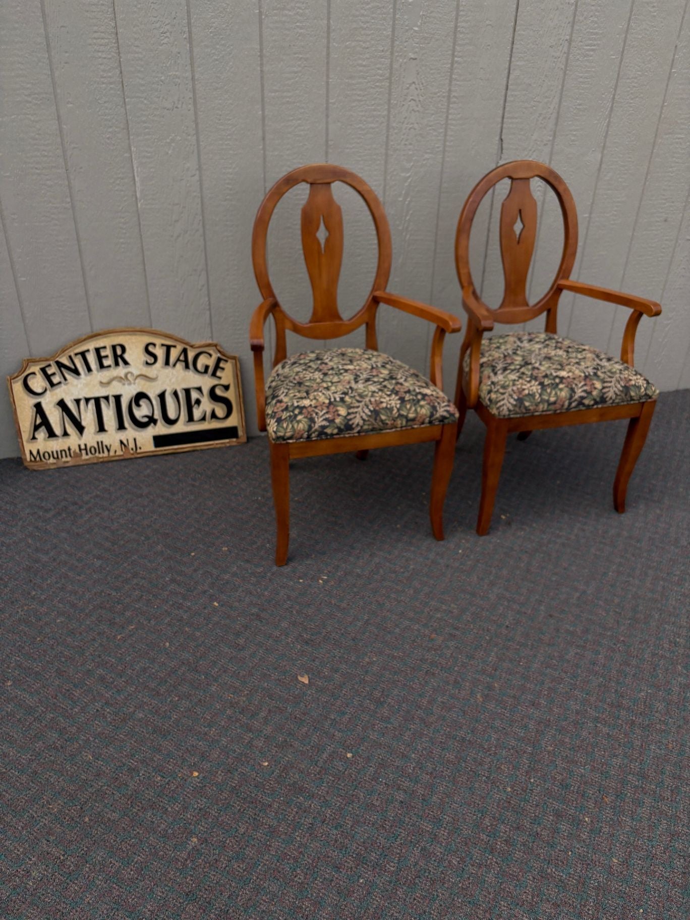 67667 Pair of Ethan Allen Shield Back Armchairs with Floral Upholstery