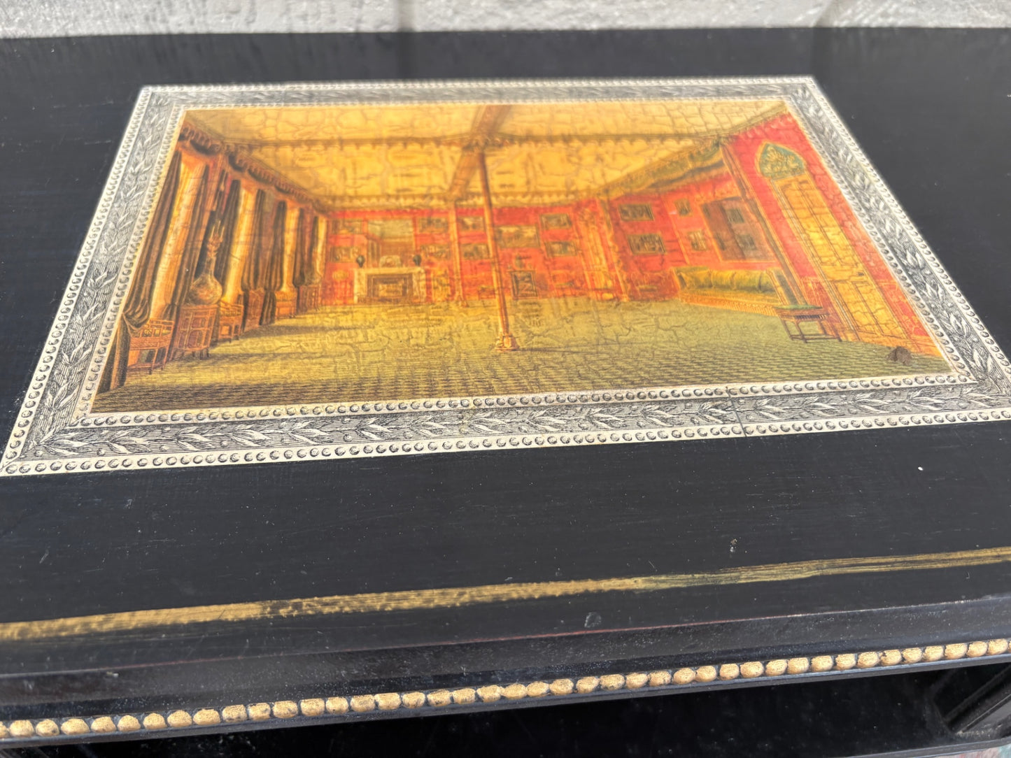 67859 Pair of Vintage Black Wall Shelves with Gold Accents and Decoupage