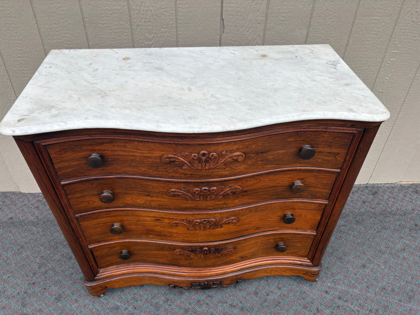 Antique Rosewood Chest with Marble Top and Carved Details