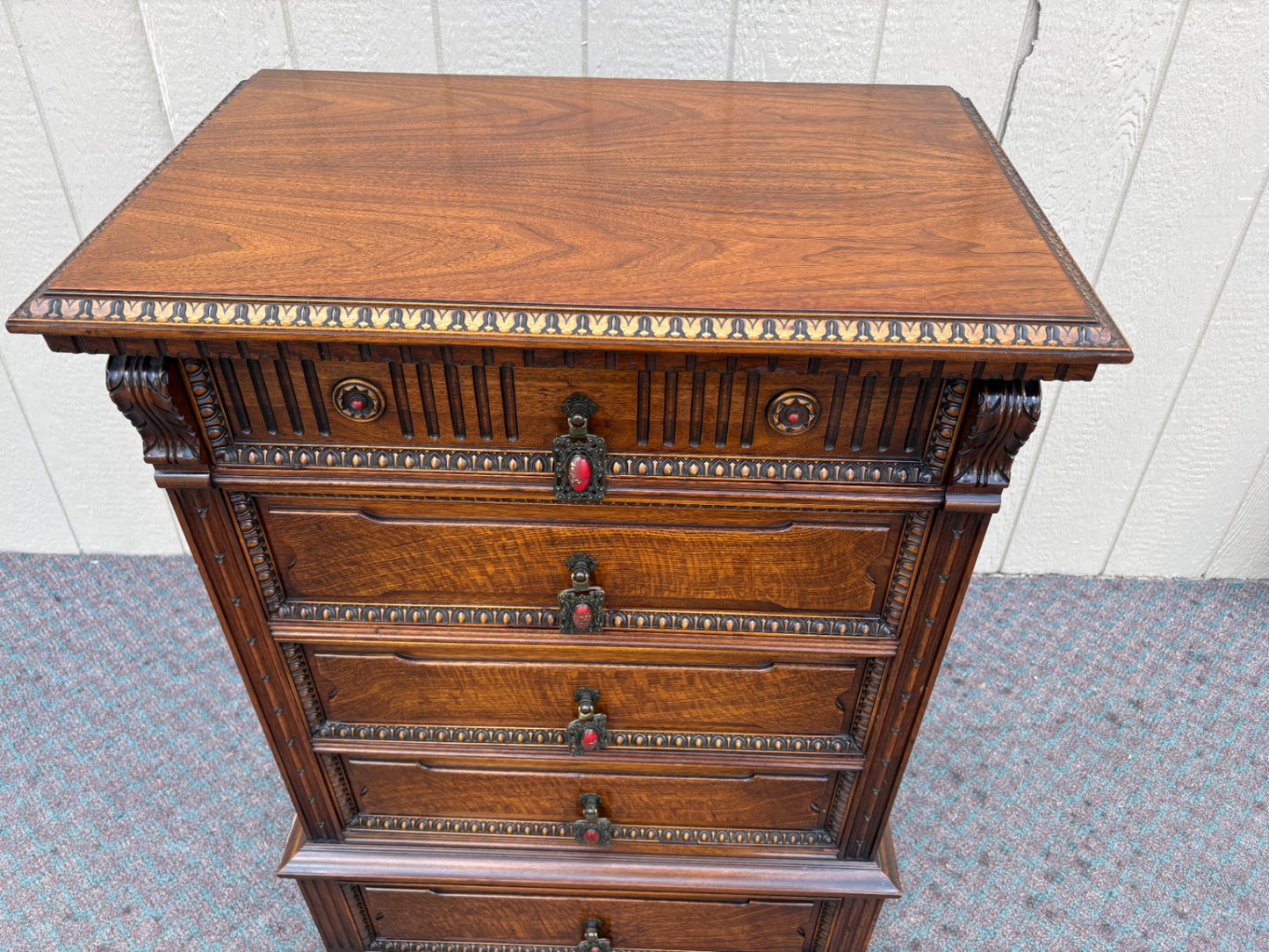 67997 Ornate Walnut  Chest of Drawers by Flints Horner bros. Fine Furniture