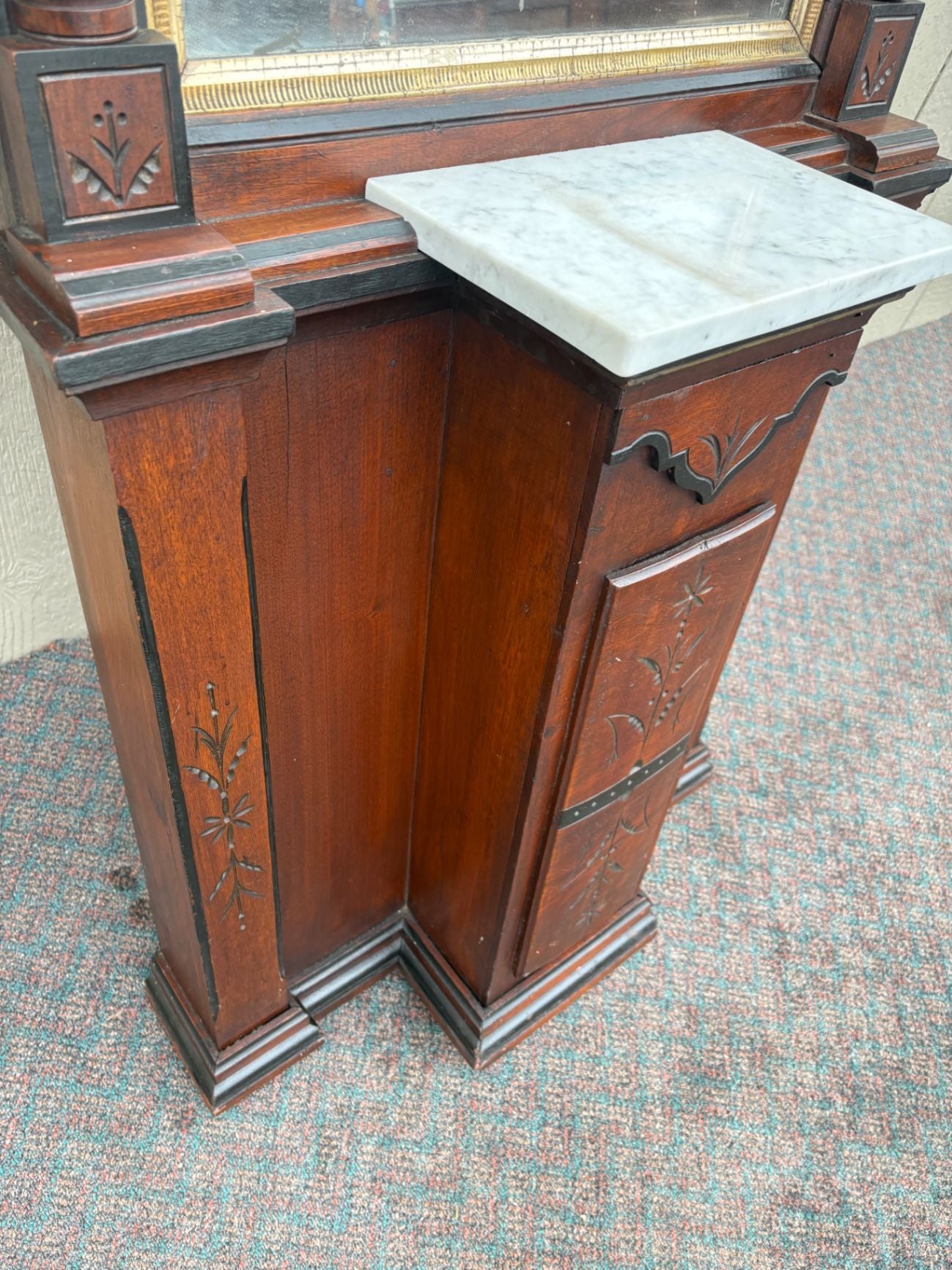 66659  Victorian Eastlake Pier Mirror with Marble Shelf, Walnut Wood