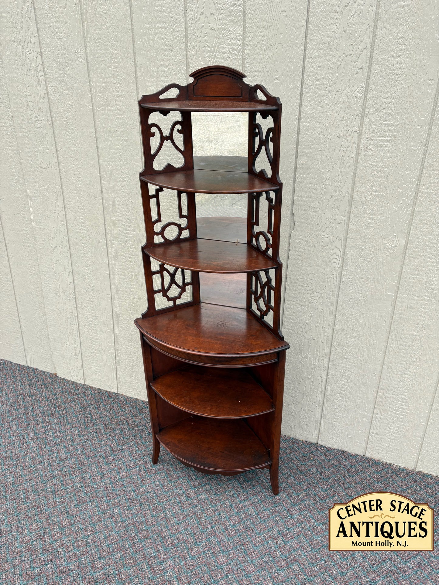 67739 Antique Mahogany Corner Shelf with Ornate Openwork Design
