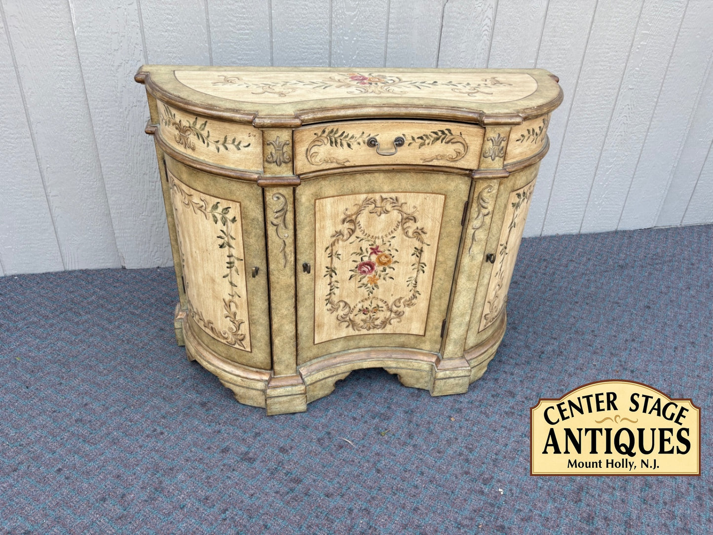 67889  Hand-Painted Floral Demilune Cabinet with Distressed Finish