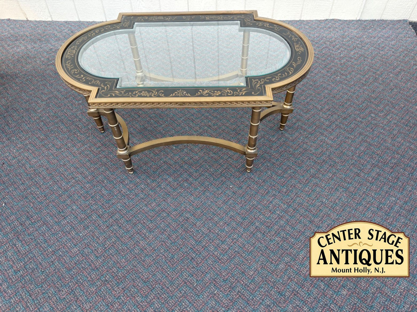 67498  Elegant Vintage Glass Top Coffee Table with Stenciled Design