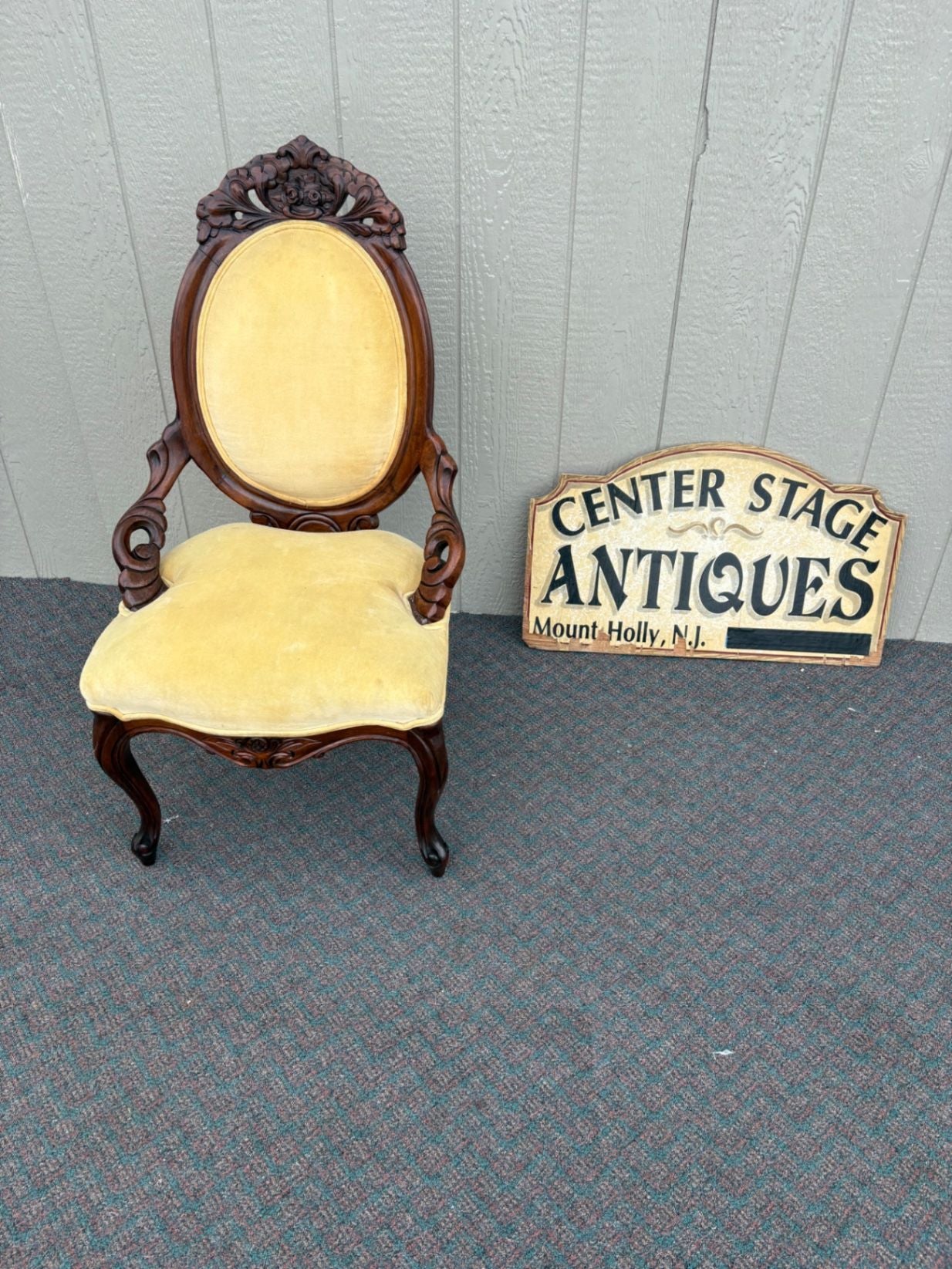 67445  Victorian Carved Mahogany Chair with Yellow Upholstery