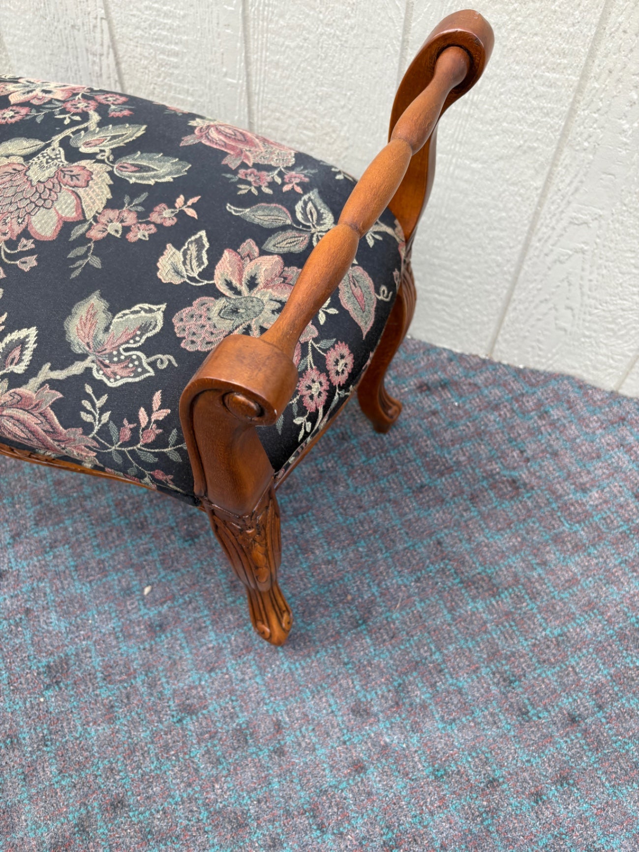 68098 Vintage Carved Wood Window Bench with Floral Upholstery