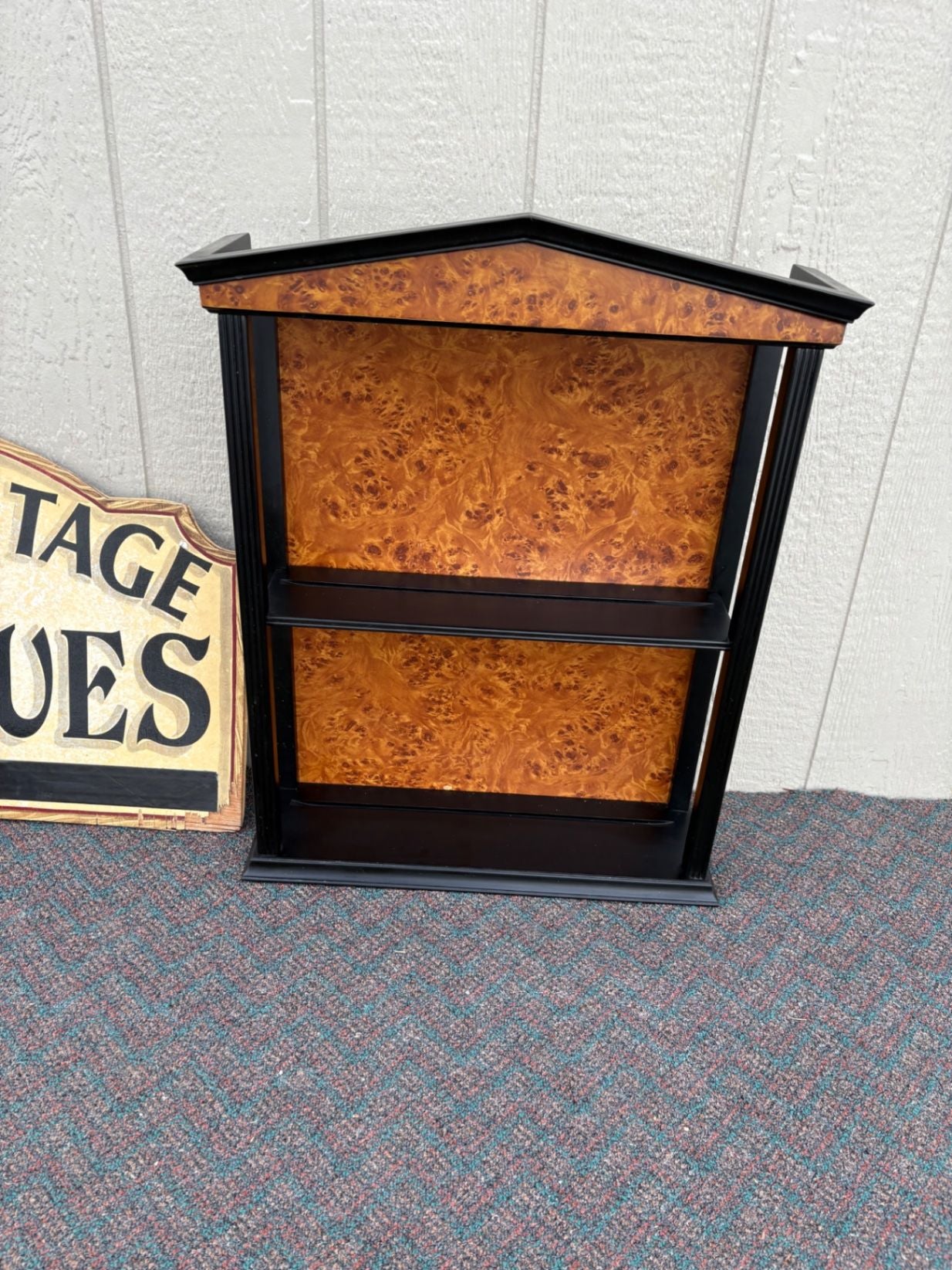 67420 Vintage Burled Wood Wall Shelf with Black Trim