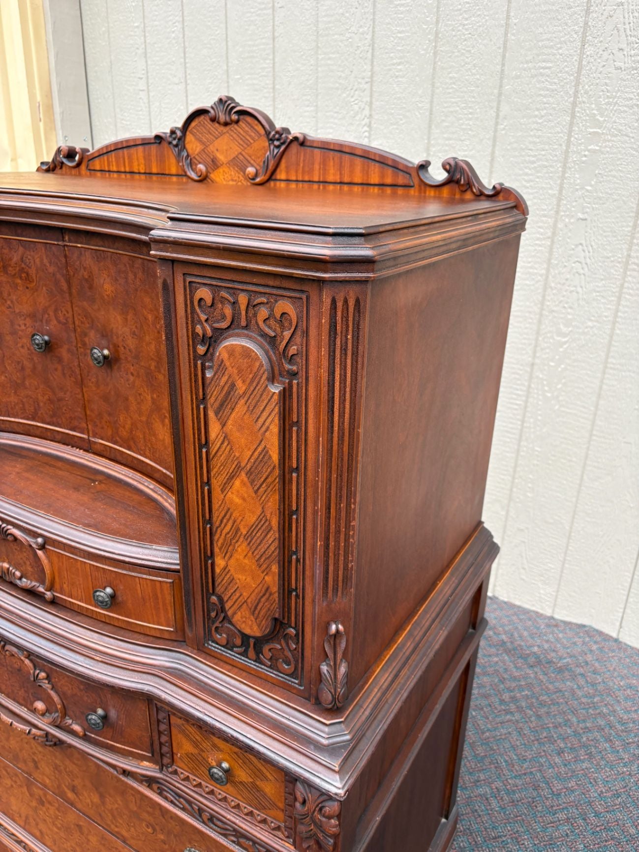 67535 Antique Walnut High Chest with Intricate Carvings and Secret Compartment