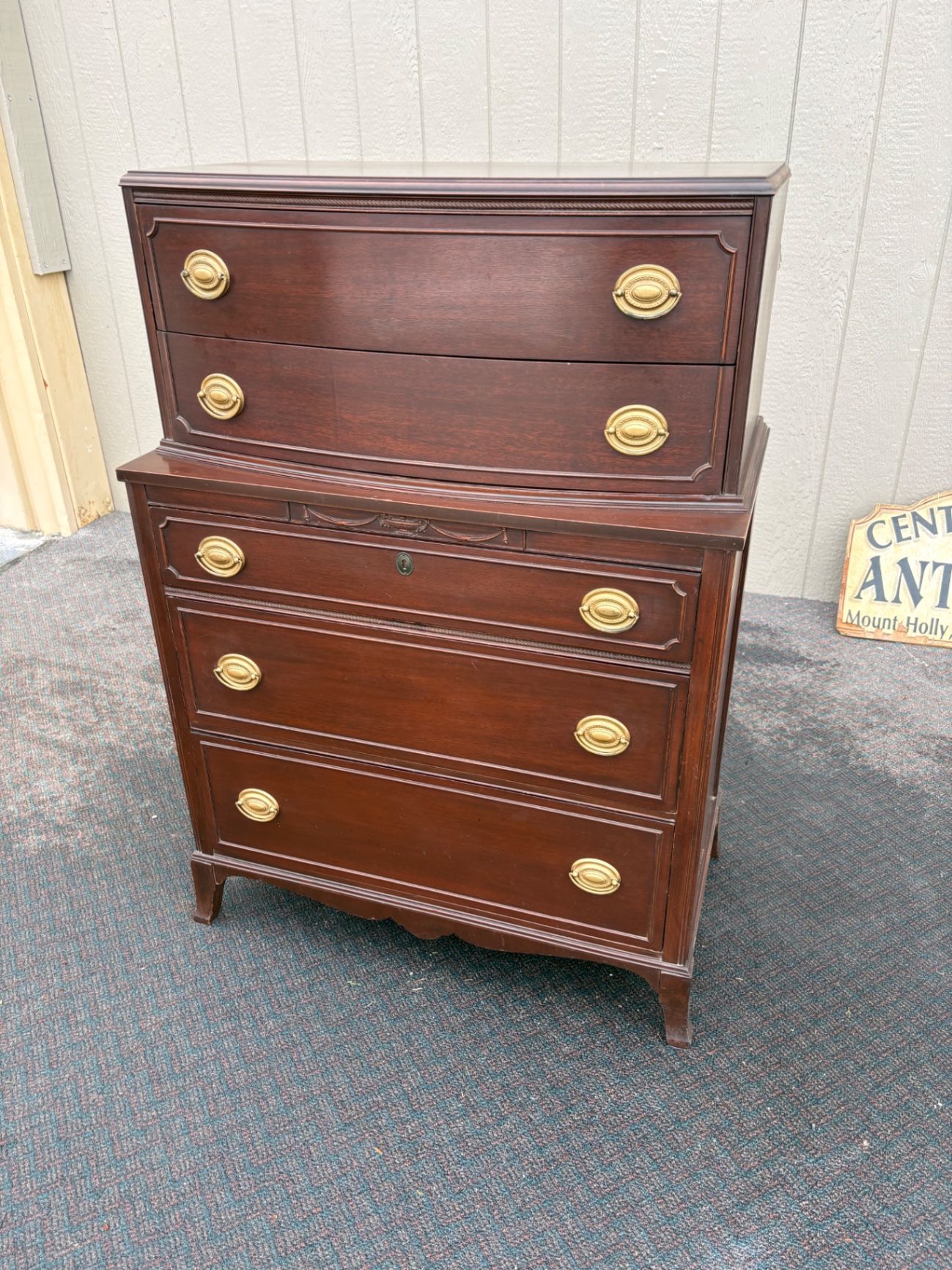 67461 Vintage Mahogany Bow Front High Chest Dresser with Brass Pulls