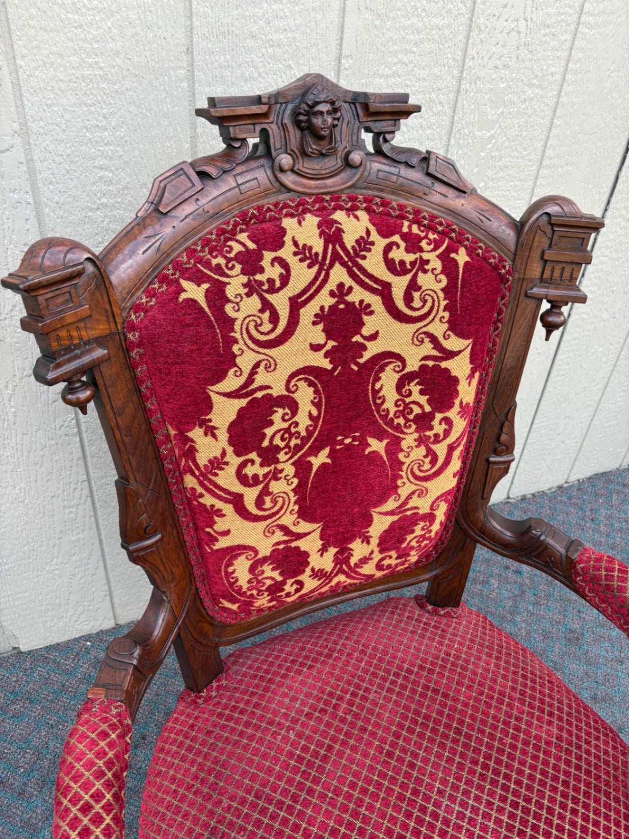 67682 Victorian Carved Walnut Armchair with Red Upholstery