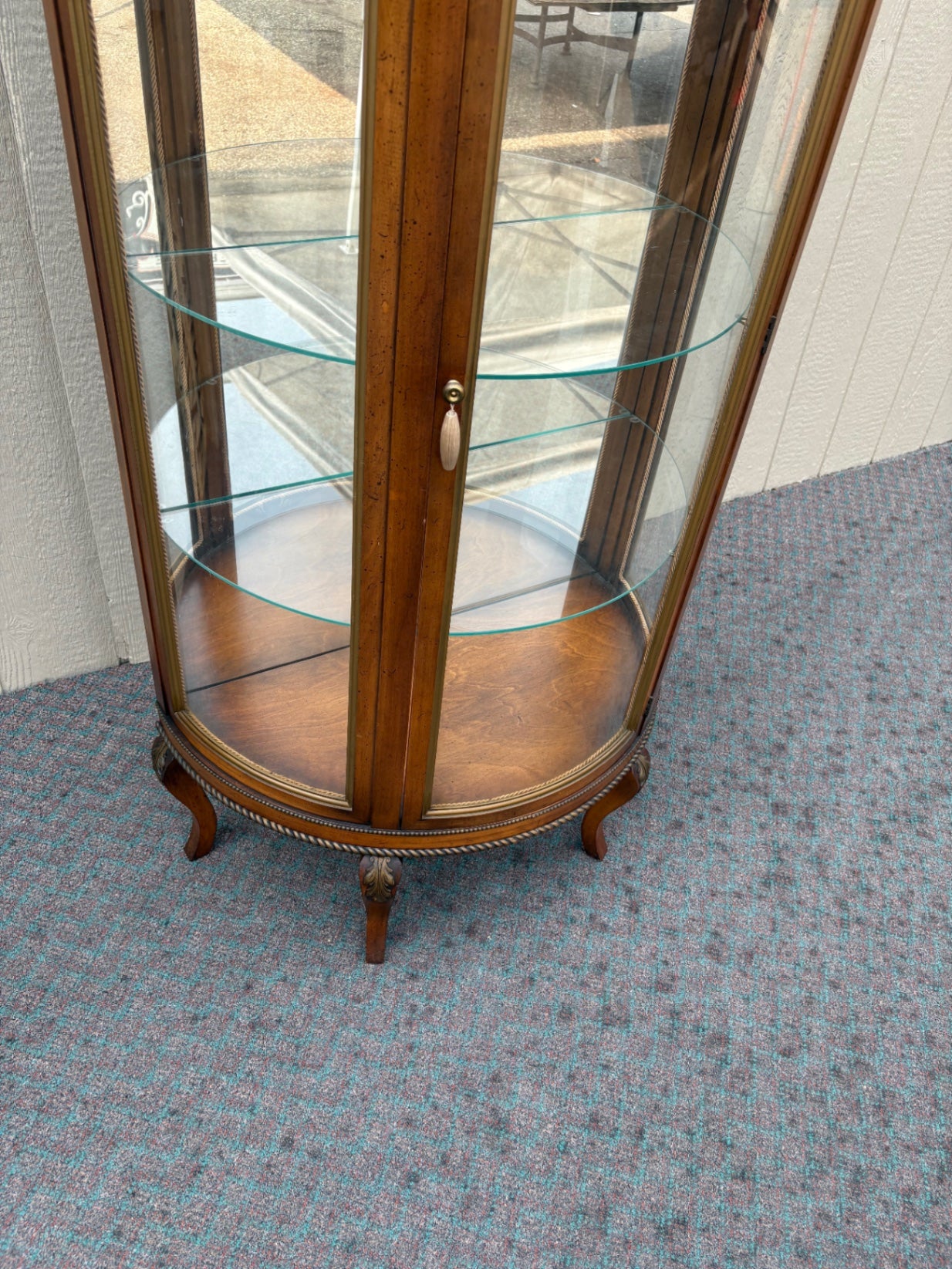 68002 Vintage Bow Front Glass Curio Cabinet with Floral Carvings