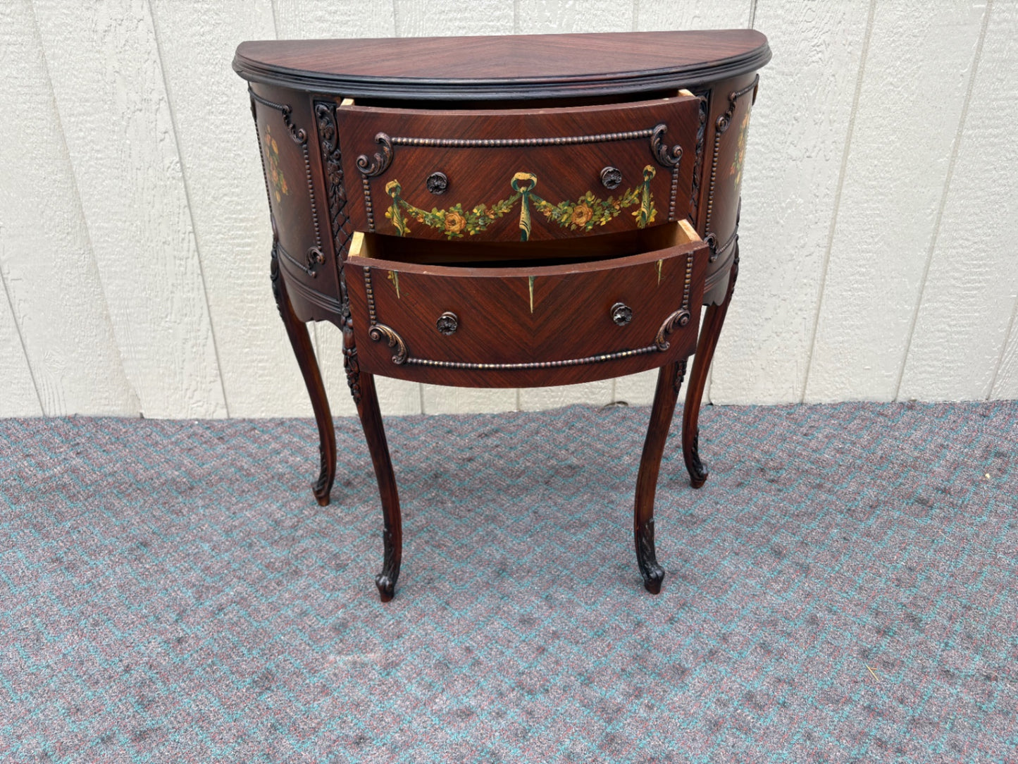 67966 Hand-Painted Demilune Chest with Floral Accents, Mahogany Finish
