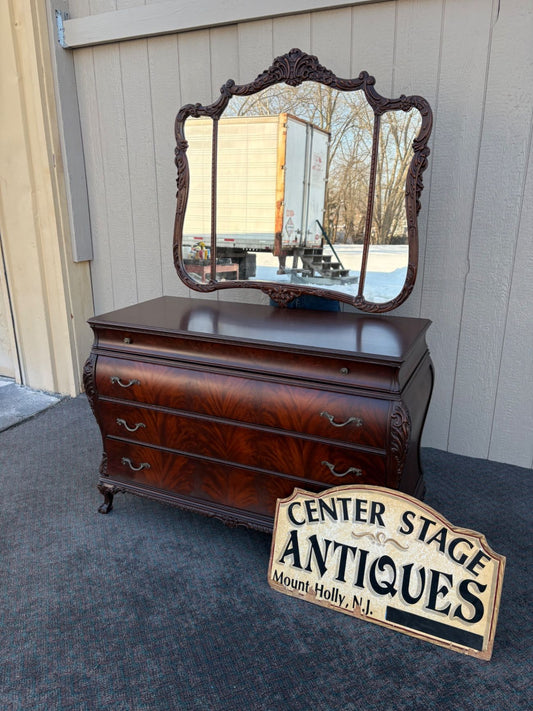 67492 Antique Flame Mahogany Dresser with Ornate Mirror