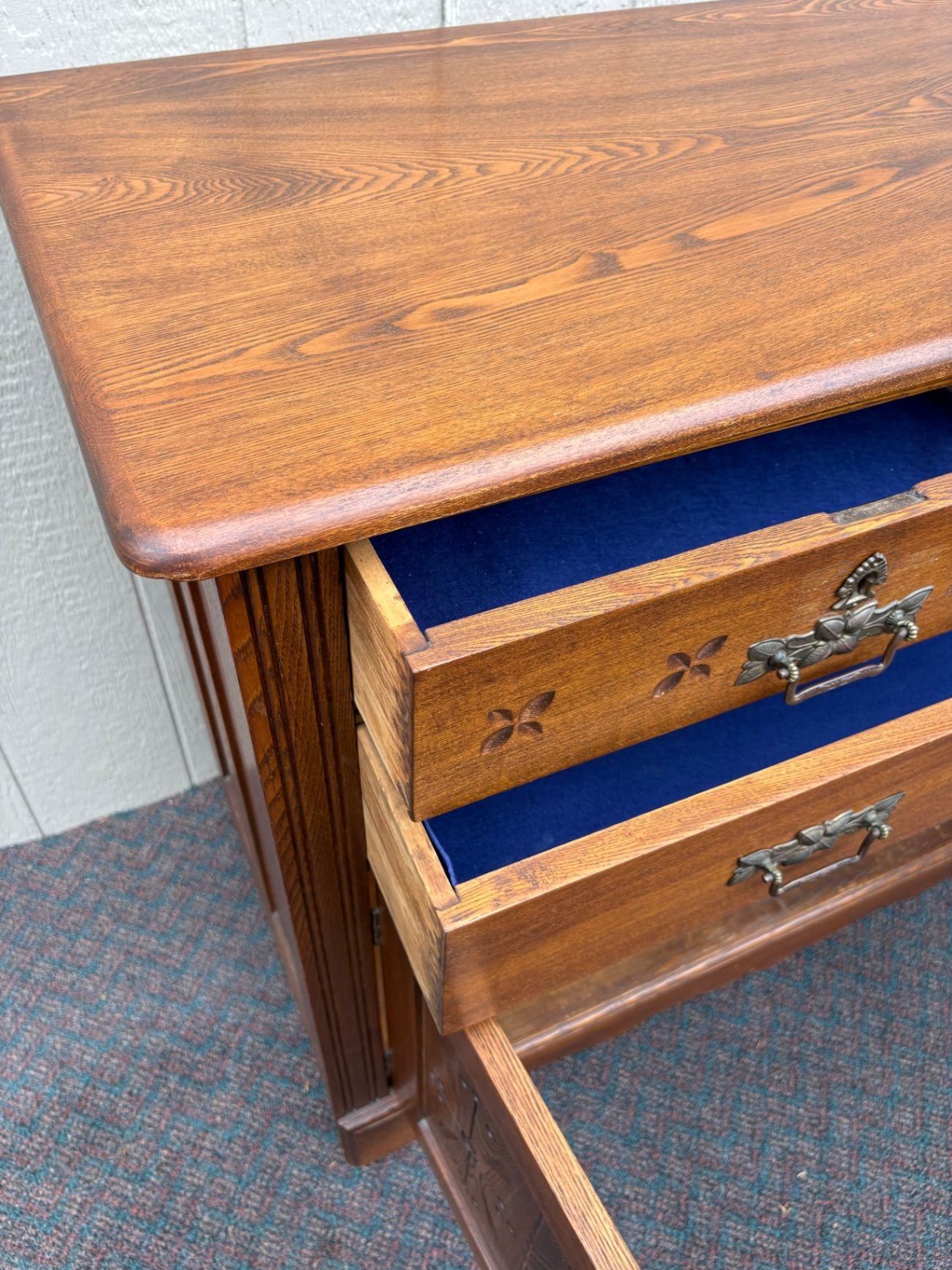 67625  Victorian Oak Buffet Server with Carved Details and Brass Hardware