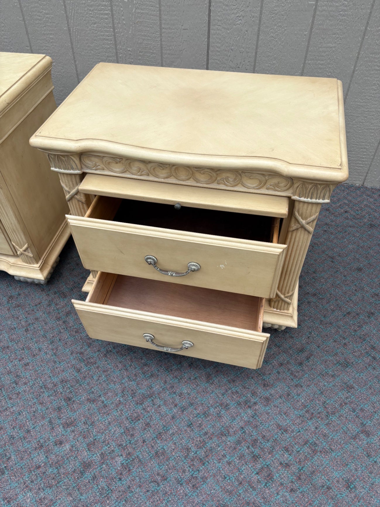 67958 Pair of Vintage Carved Nightstands with Two Drawers in Cream Finish