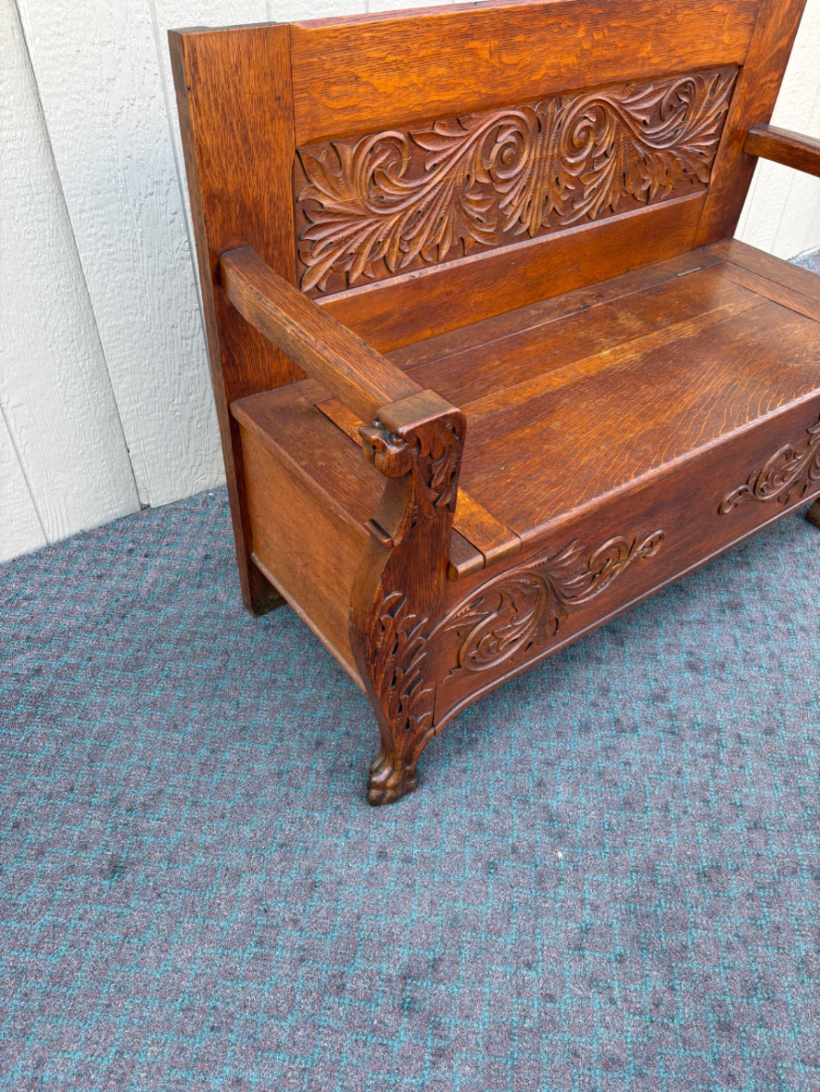 67891  Victorian Oak Carved Storage Bench with Lion Motif Details
