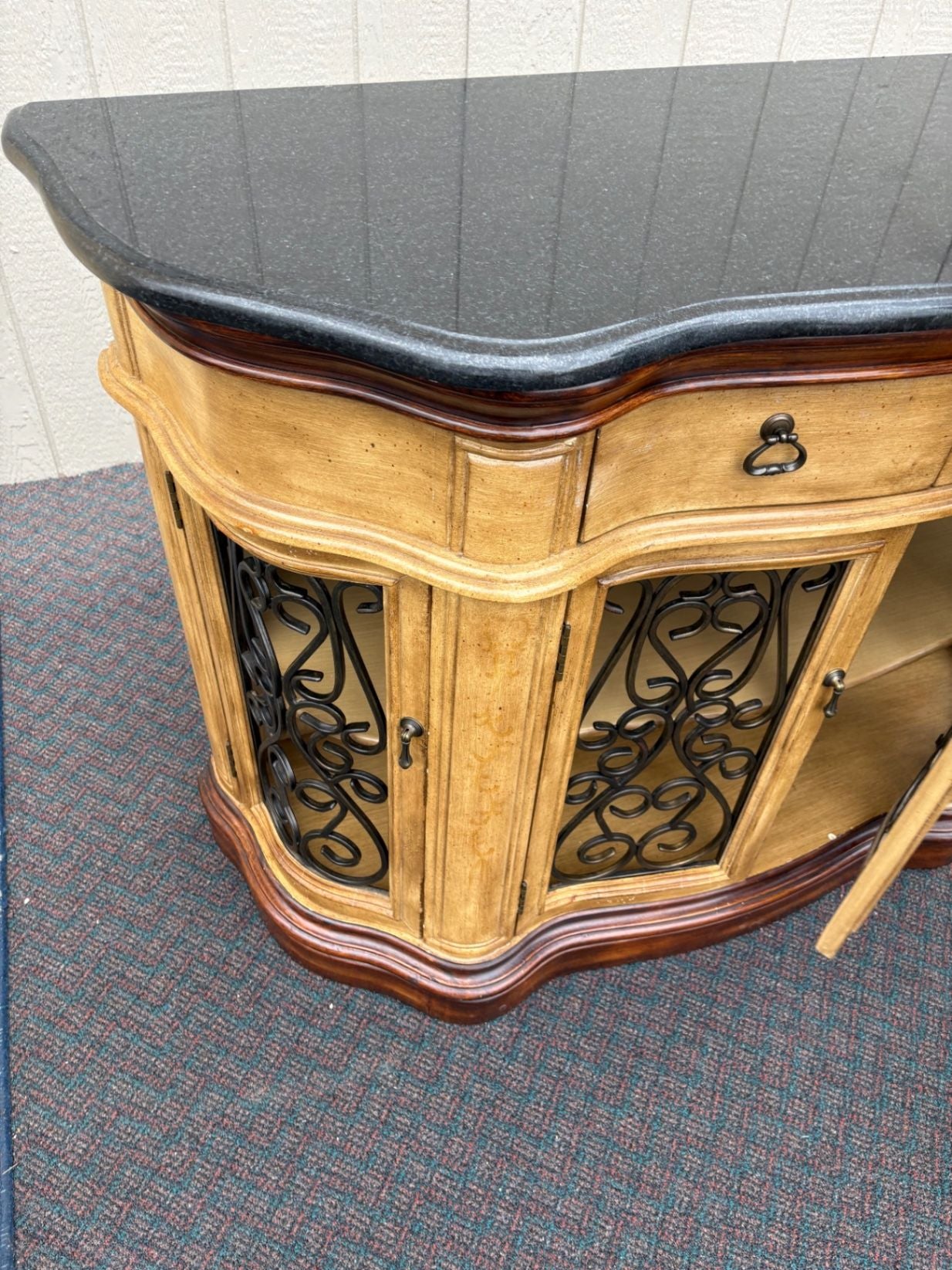 67546 Elegant Server Cabinet with Granite Top and Wrought Iron Doors