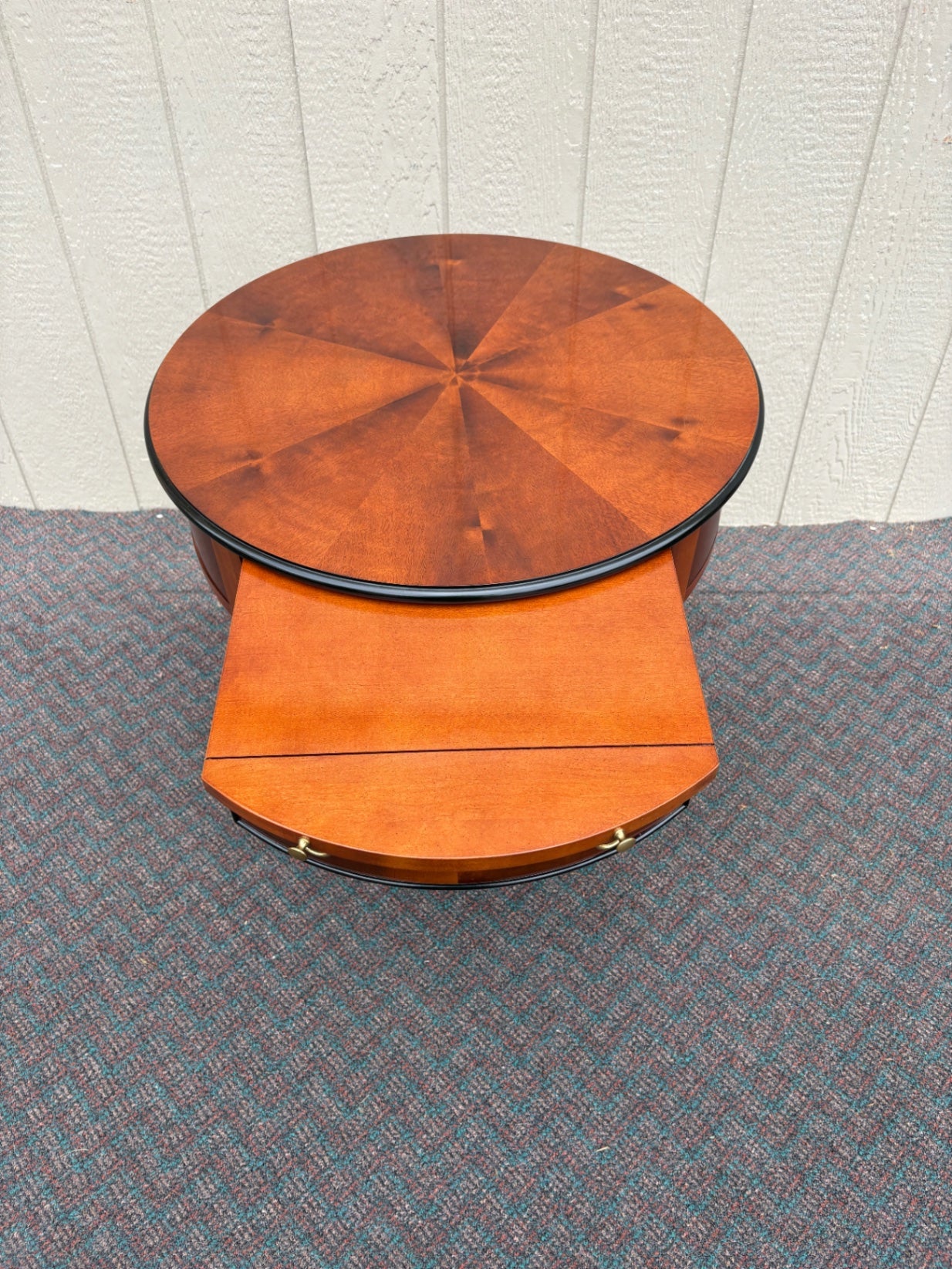 67823 Elegant Century Round Side Table with Cherry Veneer and Brass Accents