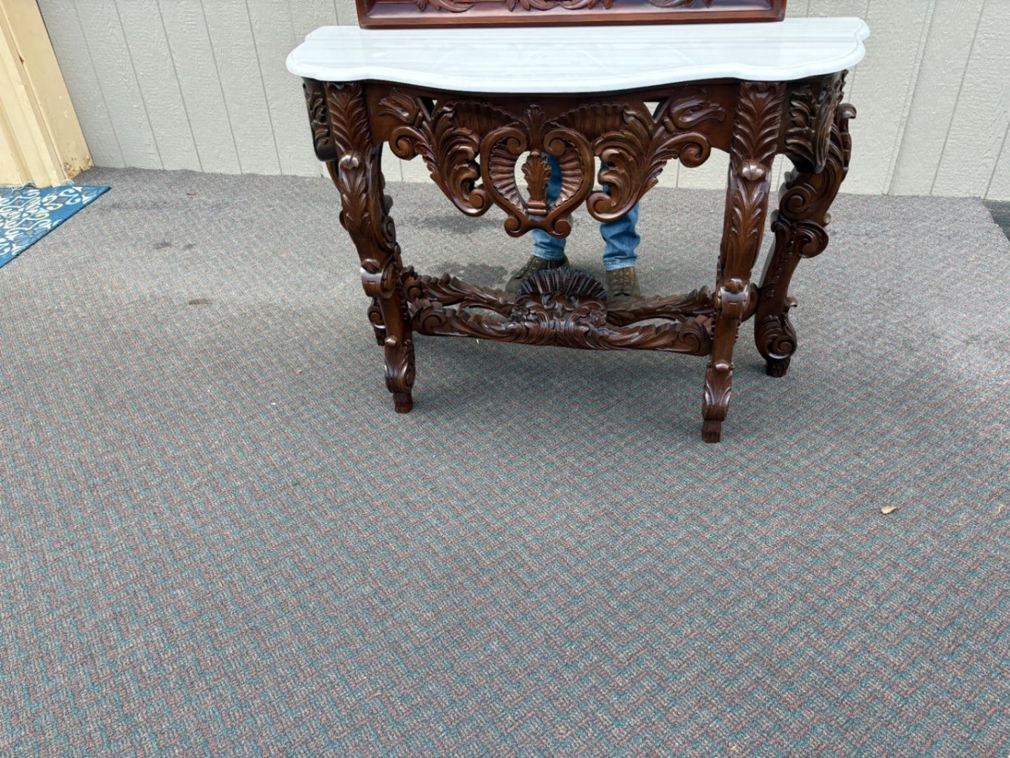 67574 Solid Mahogany  Marble Top Console Table with Ornate Mirror