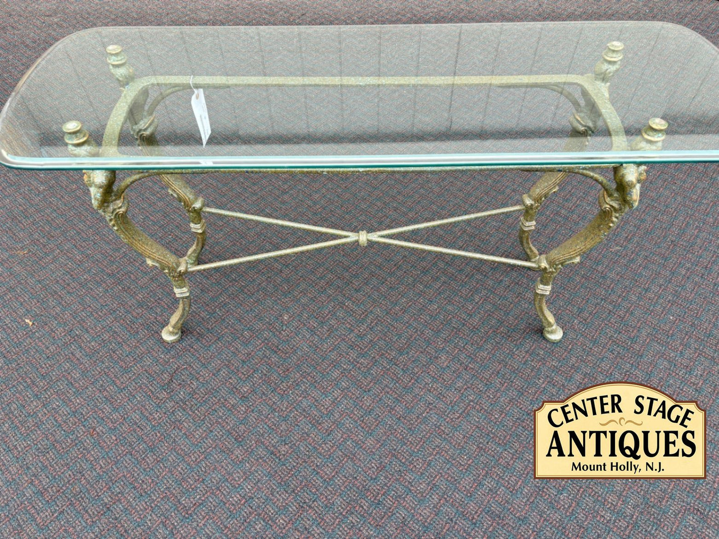 65667 Vintage Glass Top Console Table with Brass Figural Base