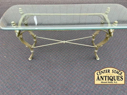 65667 Vintage Glass Top Console Table with Brass Figural Base