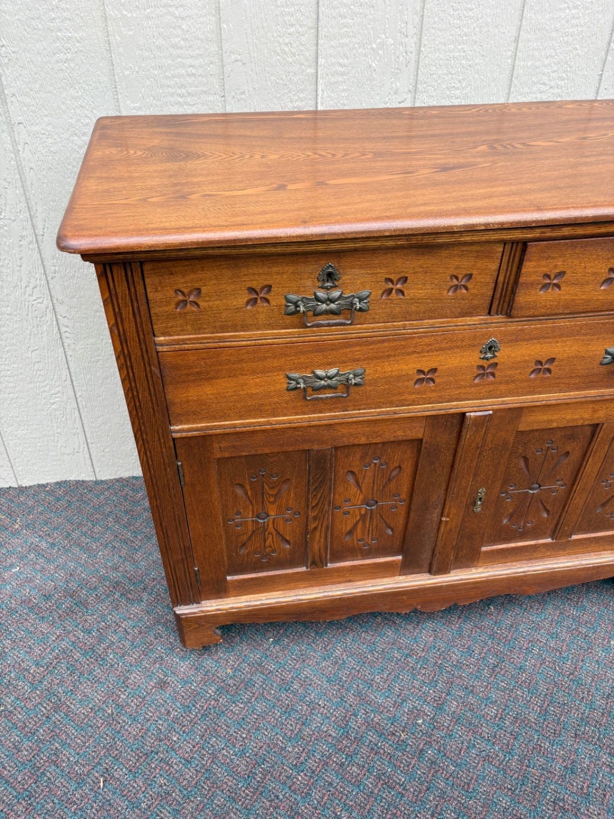 67625  Victorian Oak Buffet Server with Carved Details and Brass Hardware