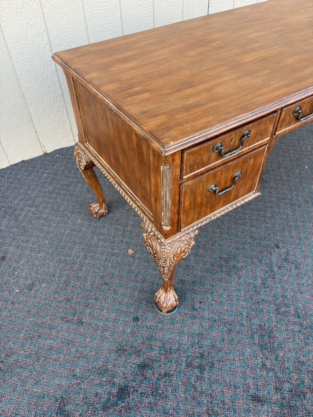 67389 Vintage Mahogany Writing Desk with Claw Feet and Brass Handles