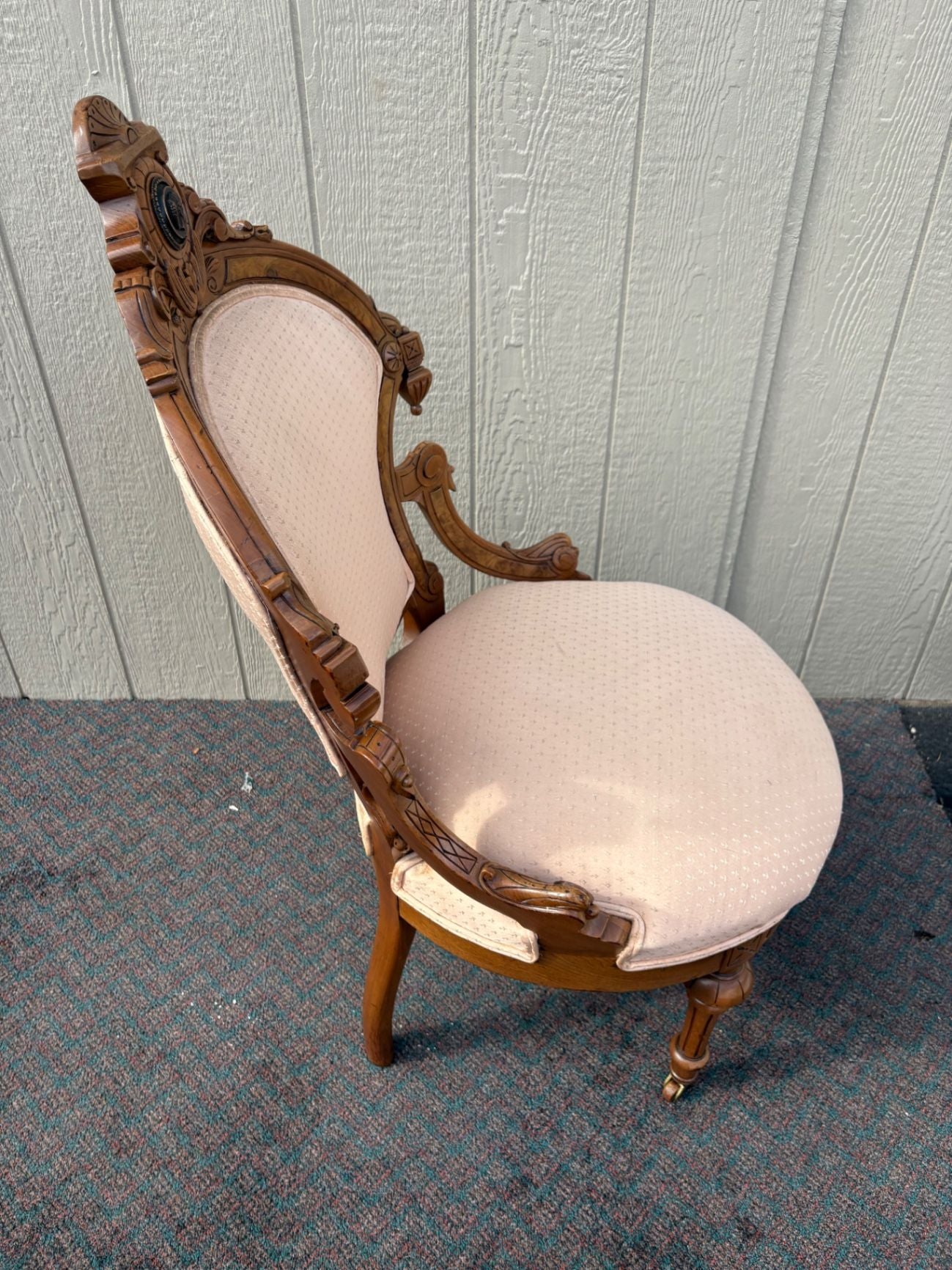 67455  Victorian Carved Walnut Parlor Chair with Pink Upholstery