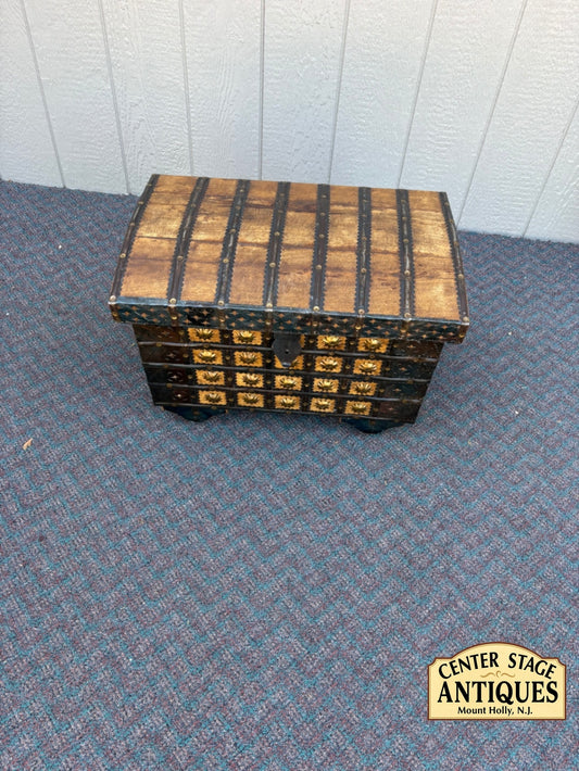 67771  Vintage PIER 1  Wooden Trunk on Wheels with Metal Accents