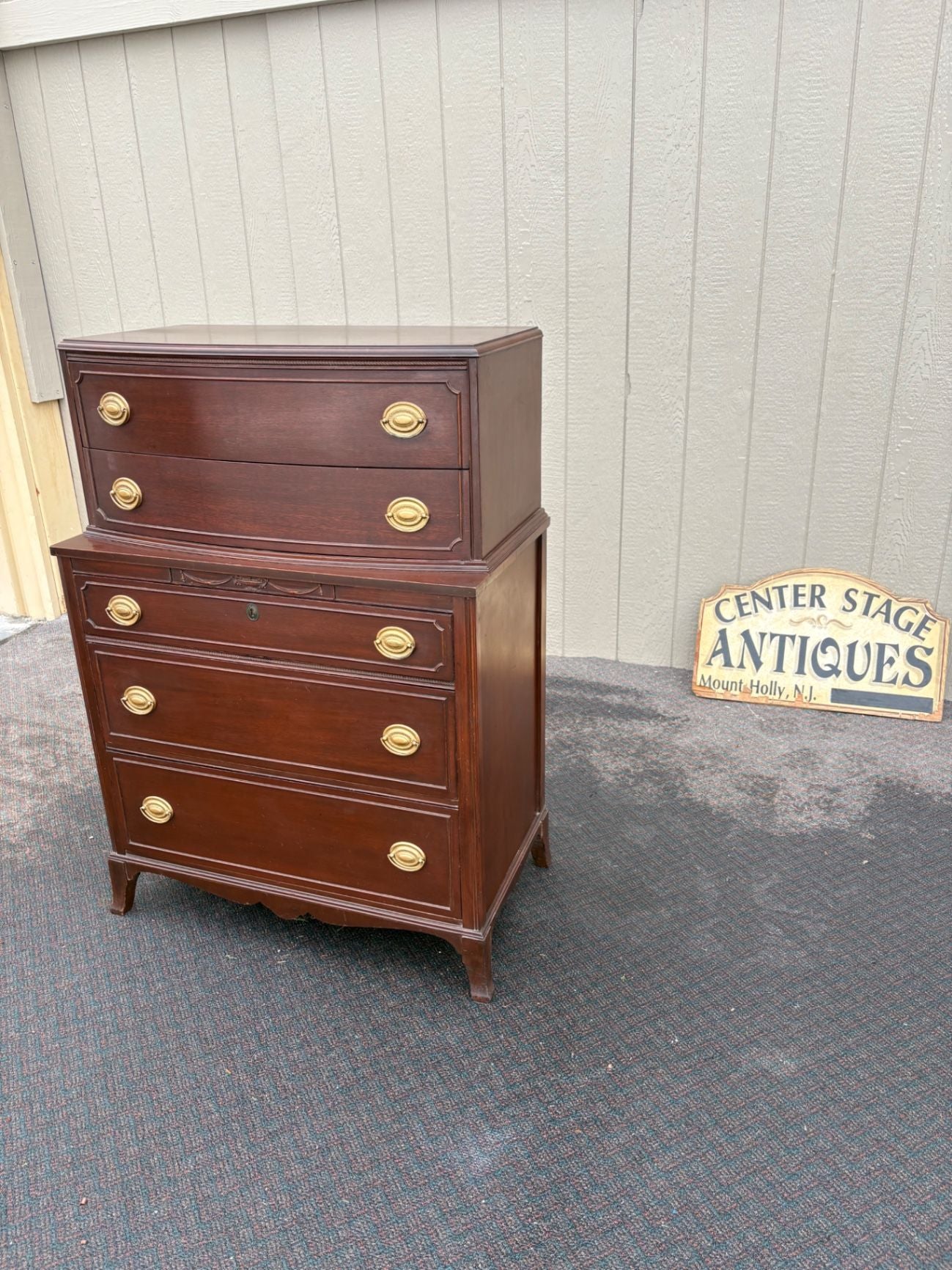 67461 Vintage Mahogany Bow Front High Chest Dresser with Brass Pulls