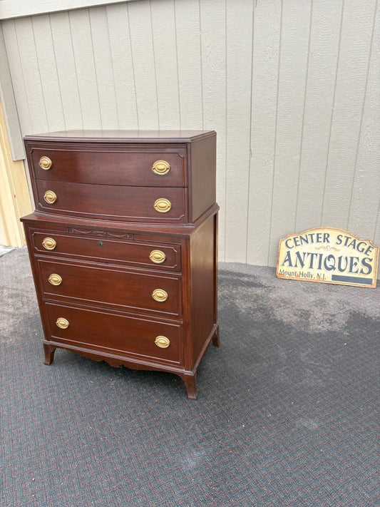 67461 Vintage Mahogany Bow Front High Chest Dresser with Brass Pulls