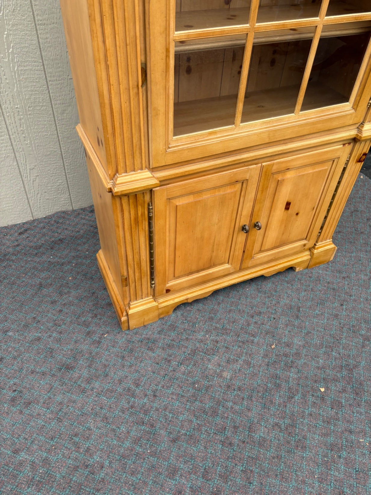 67671  Antique Pine Curio Bookcase with Glass Doors and Cabinet