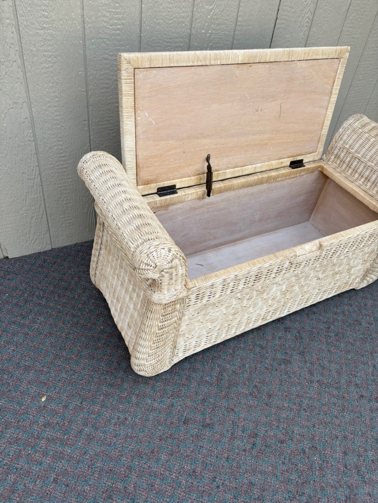 67851 Vintage Wicker Storage Trunk with Rolled Arms and Hinged Lid