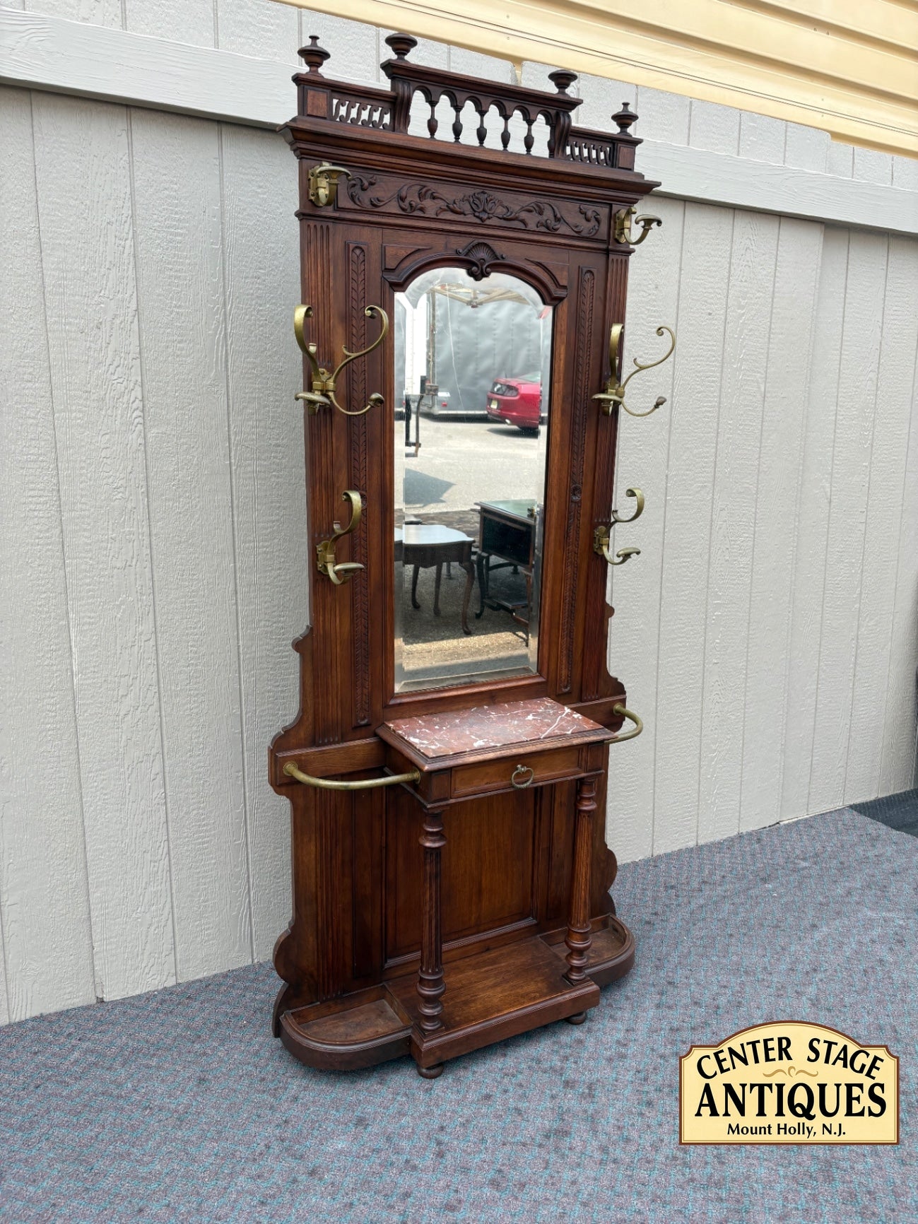 67570 Victorian Hall Tree Hatrack with Mirror and Marble Shelf