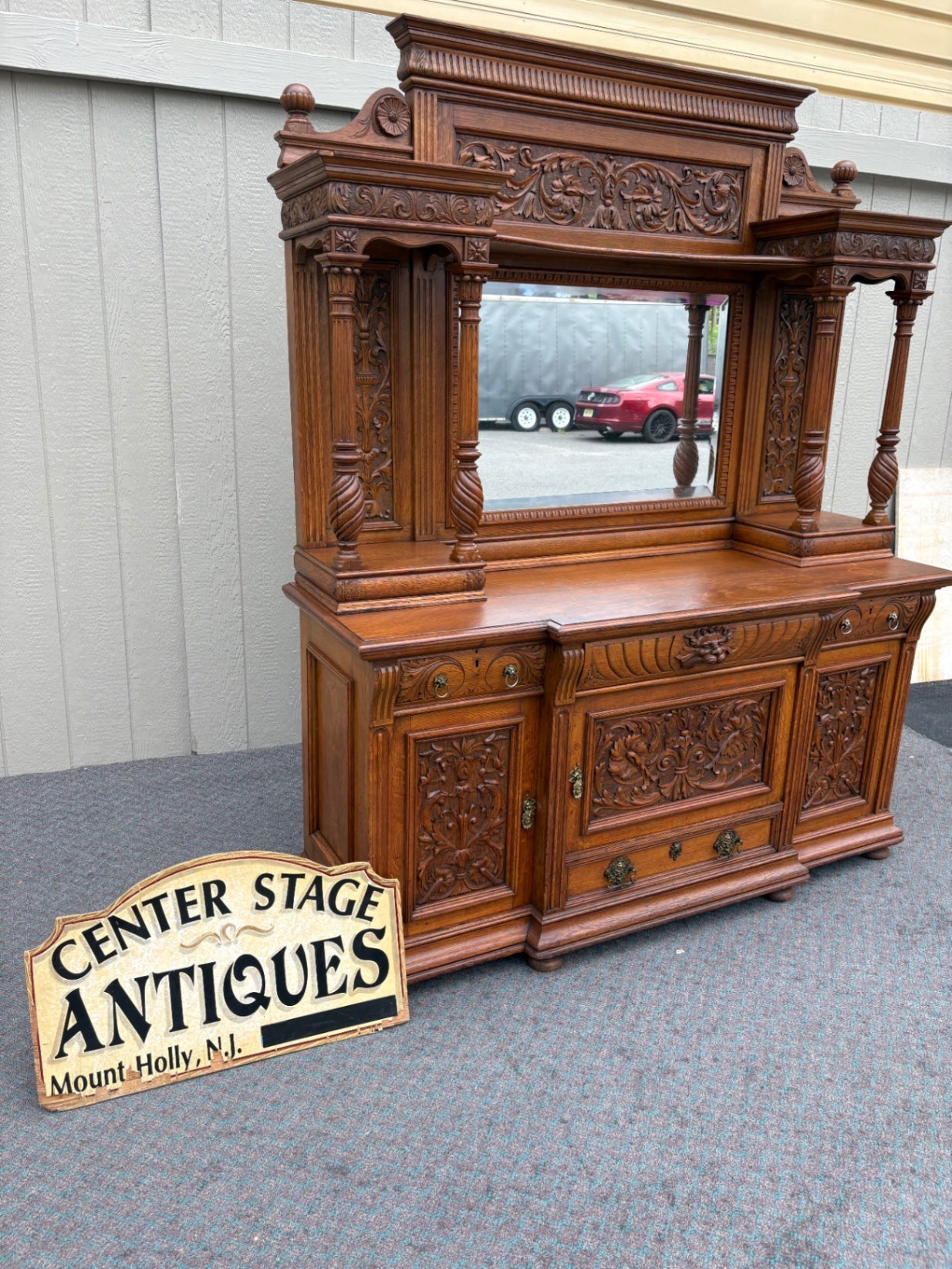 67852  Ornate Victorian Oak Buffet with Mirror and Carved Details
