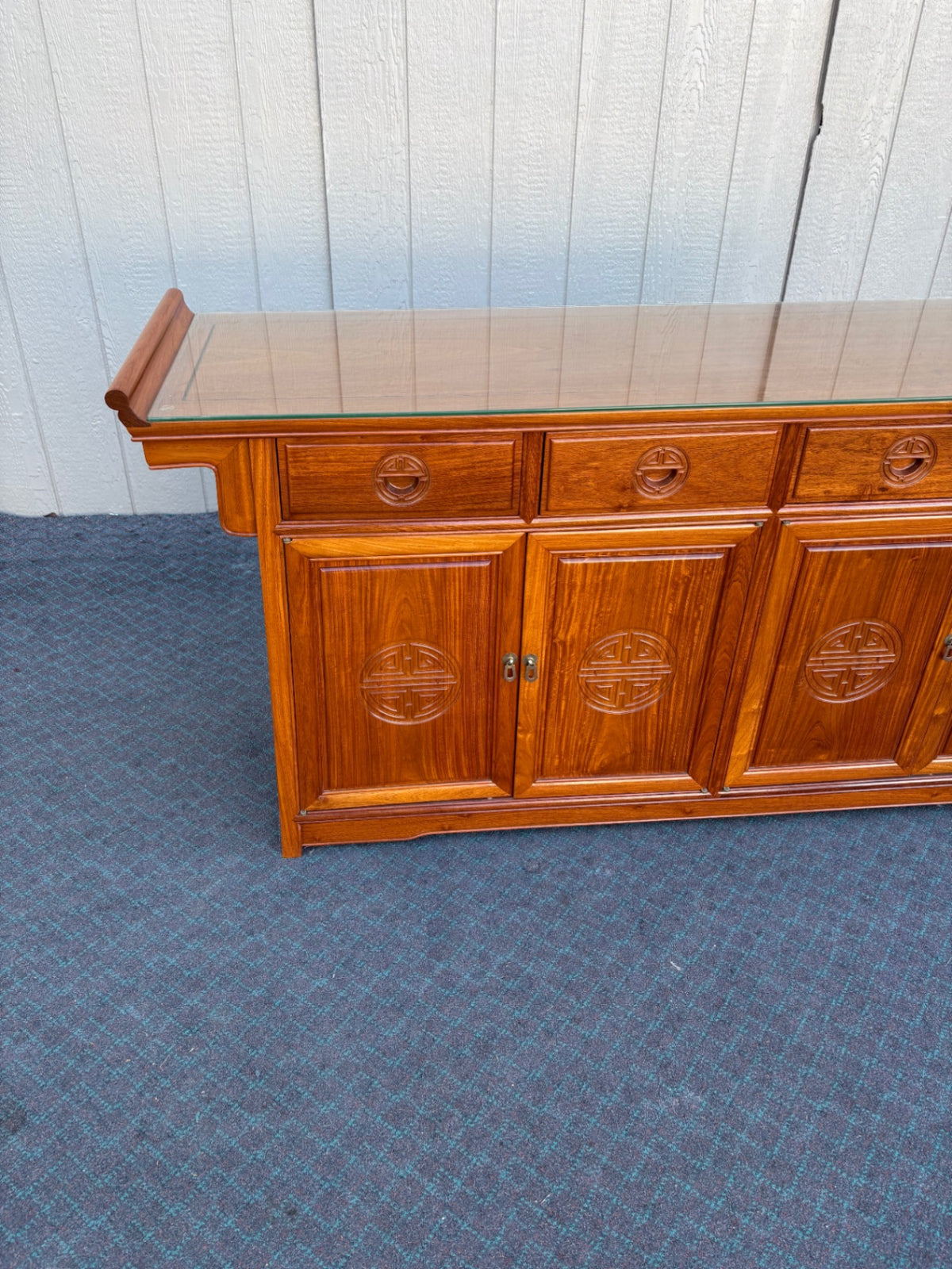 Mid-Century Oriental Sideboard with Glass Top and Carved Details