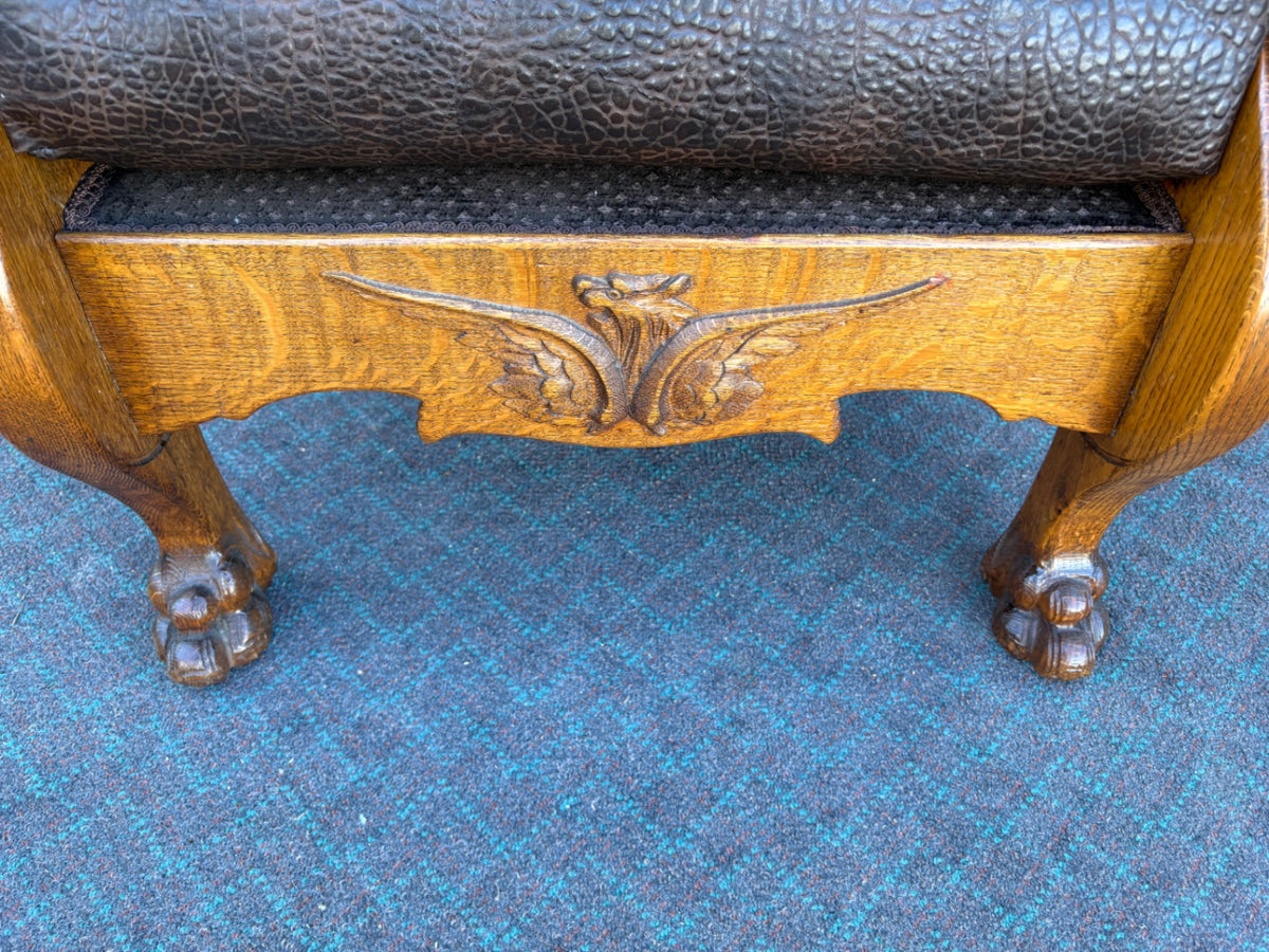 68007  Victorian Oak Morris Chair with Gryphon Carvings and Leather Upholstery