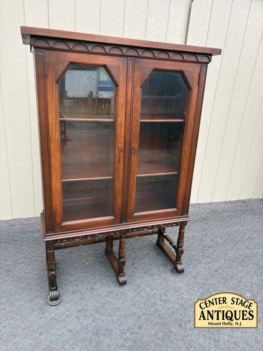 68180  1940s Walnut China Cabinet with Carved Details and Glass Doors
