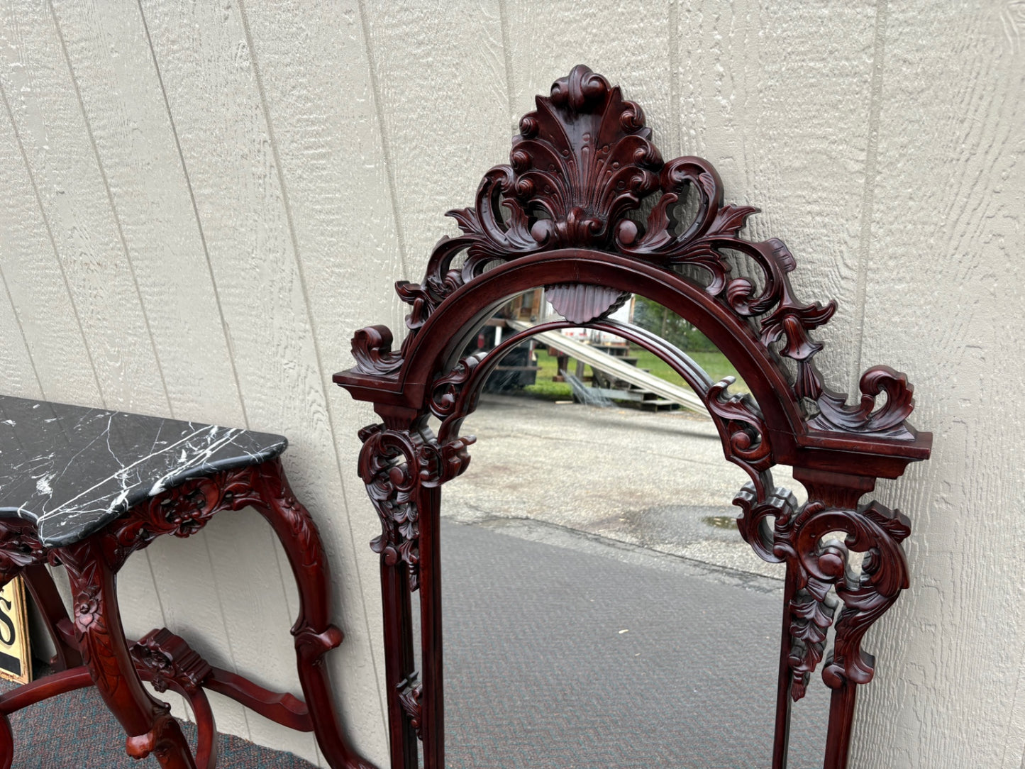 67705 Victorian Style Carved Console Table and Mirror Set with Marble Top