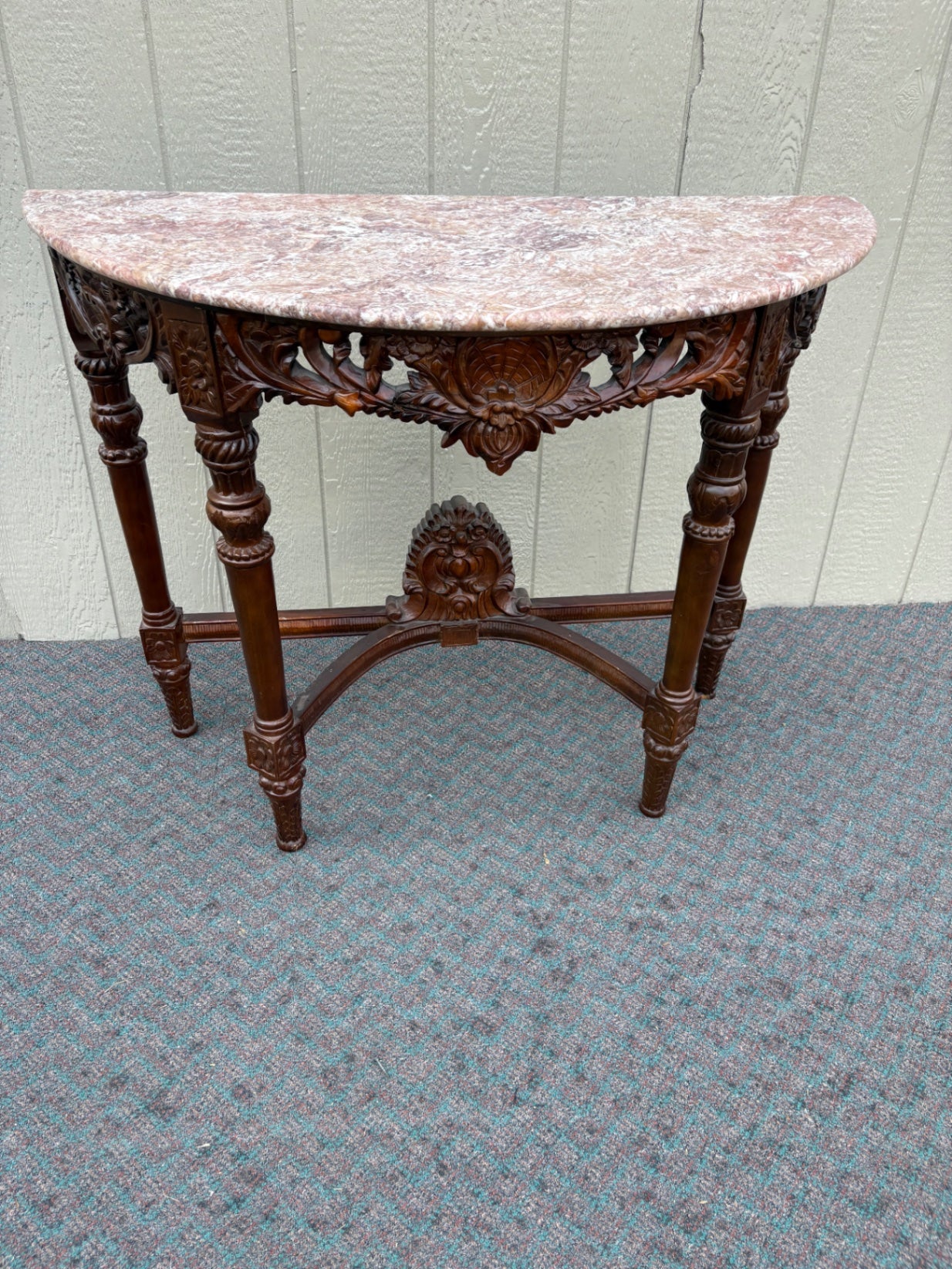 67674 Victorian Marble Top Demilune Console Table with Carved Mahogany